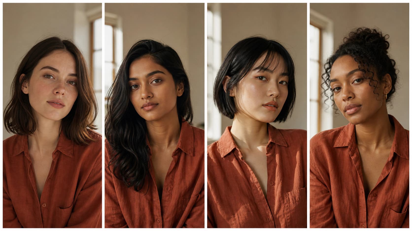 Four portraits side by side of four different synthetic women, all wearing the same rust linen shirt in the same room