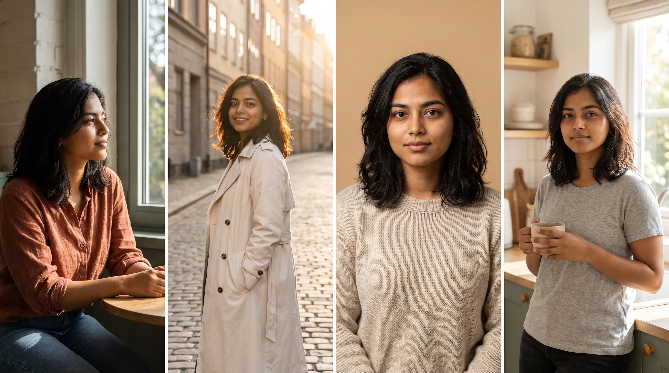 Four portraits side by side of the same synthetic woman in a cafe, on a street at golden hour, in a studio, and in a kitchen
