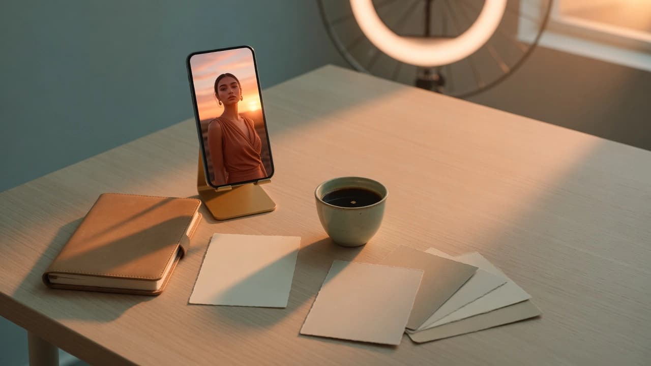 A creator's pale wood desk in low golden light: a smartphone upright on a brass stand showing a sunset portrait of a young woman, beside a tan leather notebook, fanned blank cards, and a pale ceramic cup of coffee, with a ring light glowing out of focus behind.