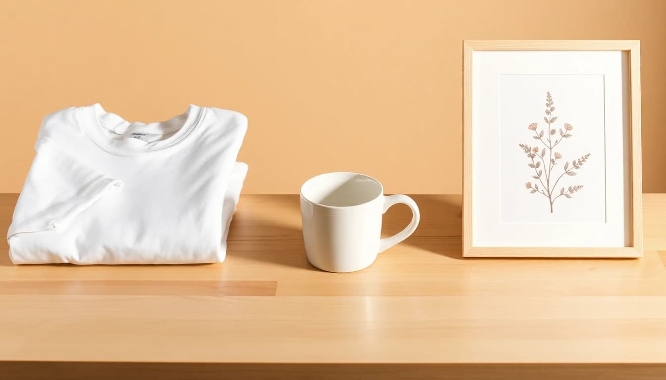 A clean product-mockup scene on a light wood shelf against a warm tan wall: a folded blank white t-shirt, a plain white mug, and a framed botanical line-art print.