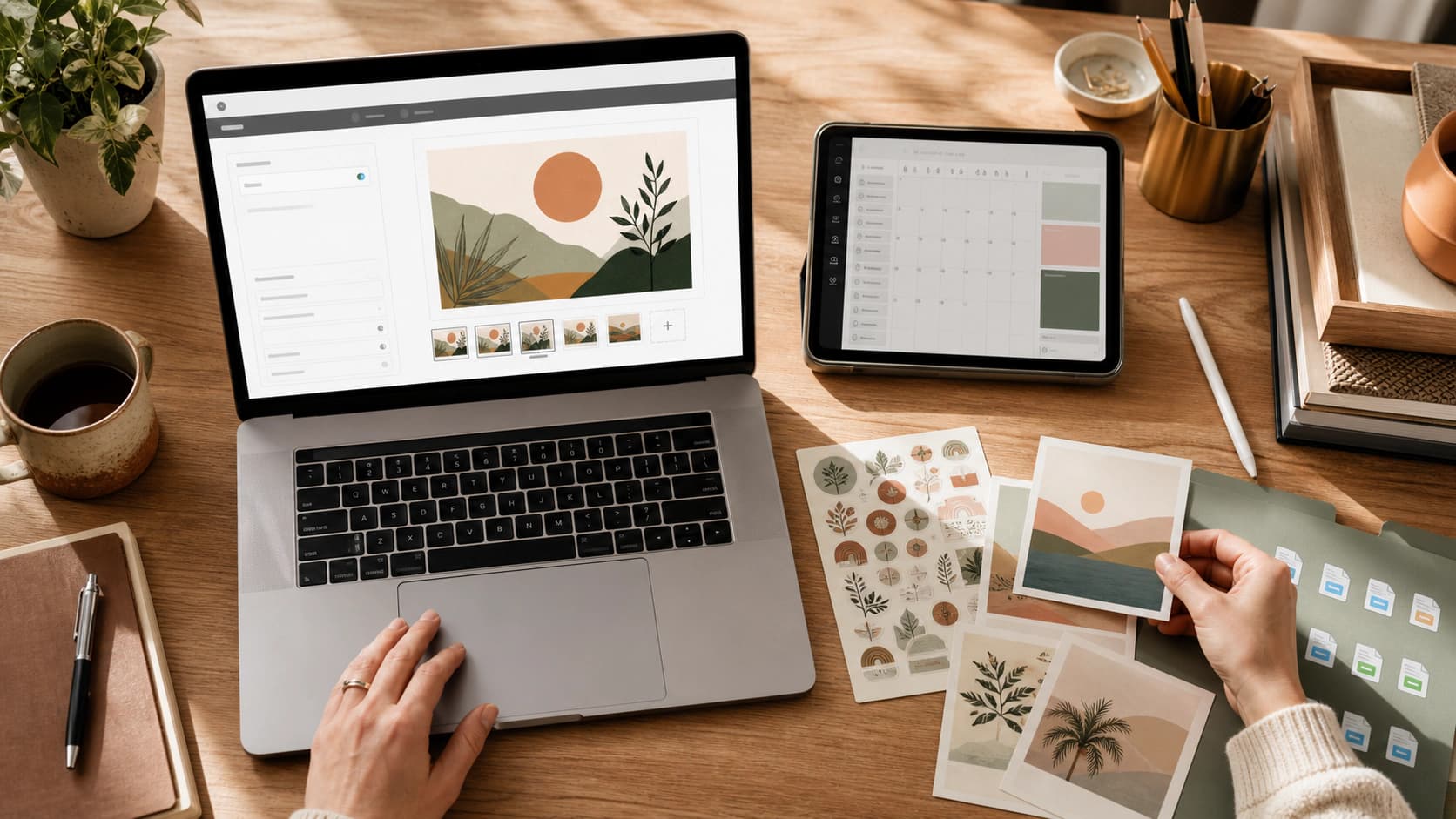 An overhead home-office scene with a seller preparing a digital-download listing on a laptop, surrounded by printable art, a sticker sheet, and a digital planner.