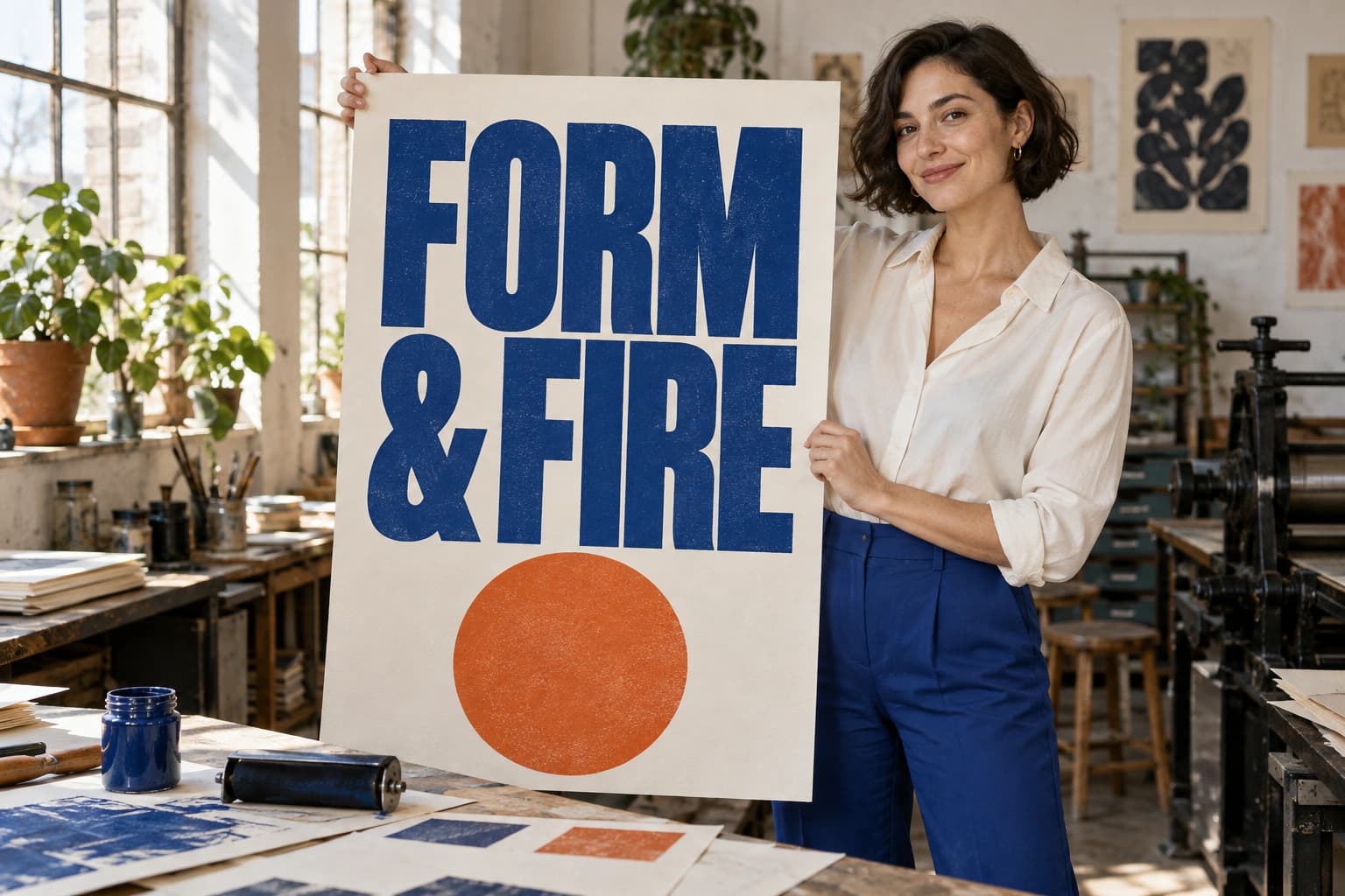 Adult woman in a print studio holding a FORM & FIRE typography poster.