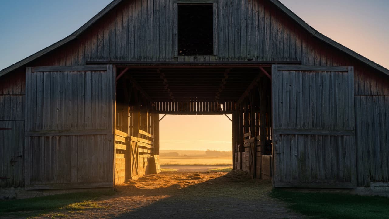Sunlit wooden barn supplied as the first frame in Google's official Veo transition demo