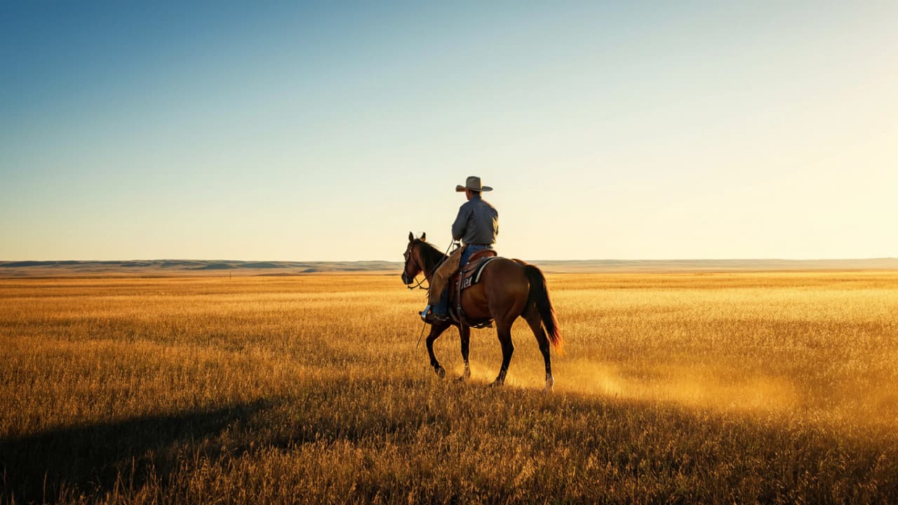 Cowboy riding through a sunlit field supplied as the last frame in Google's official Veo transition demo