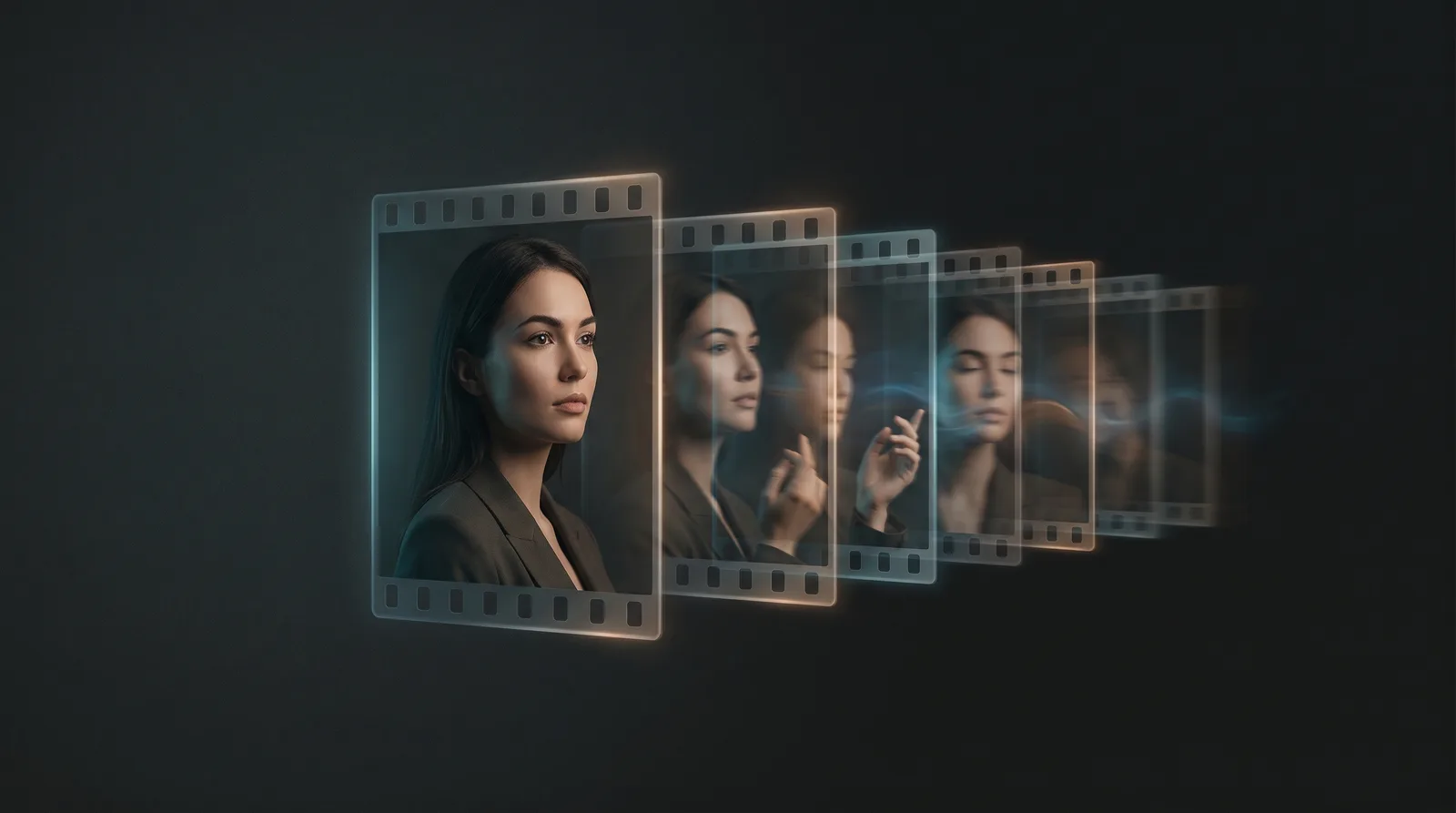 A single still portrait of a woman on a film frame that fans out into a receding sequence of translucent motion frames against a dark background, illustrating a still image becoming video.