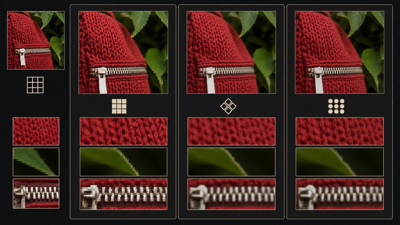 Nearest-neighbor, bilinear, and bicubic enlargements compared using knit fabric, a leaf edge, and zipper teeth