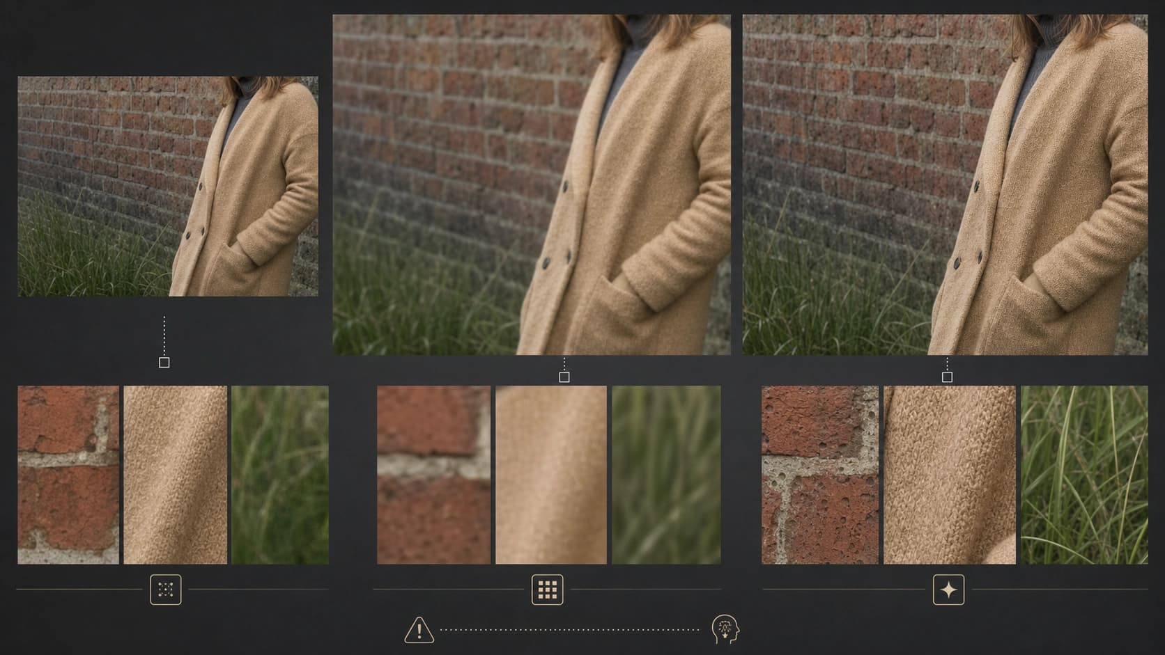 Small source, interpolated enlargement, and AI reconstruction compared across wool, brick, and grass details