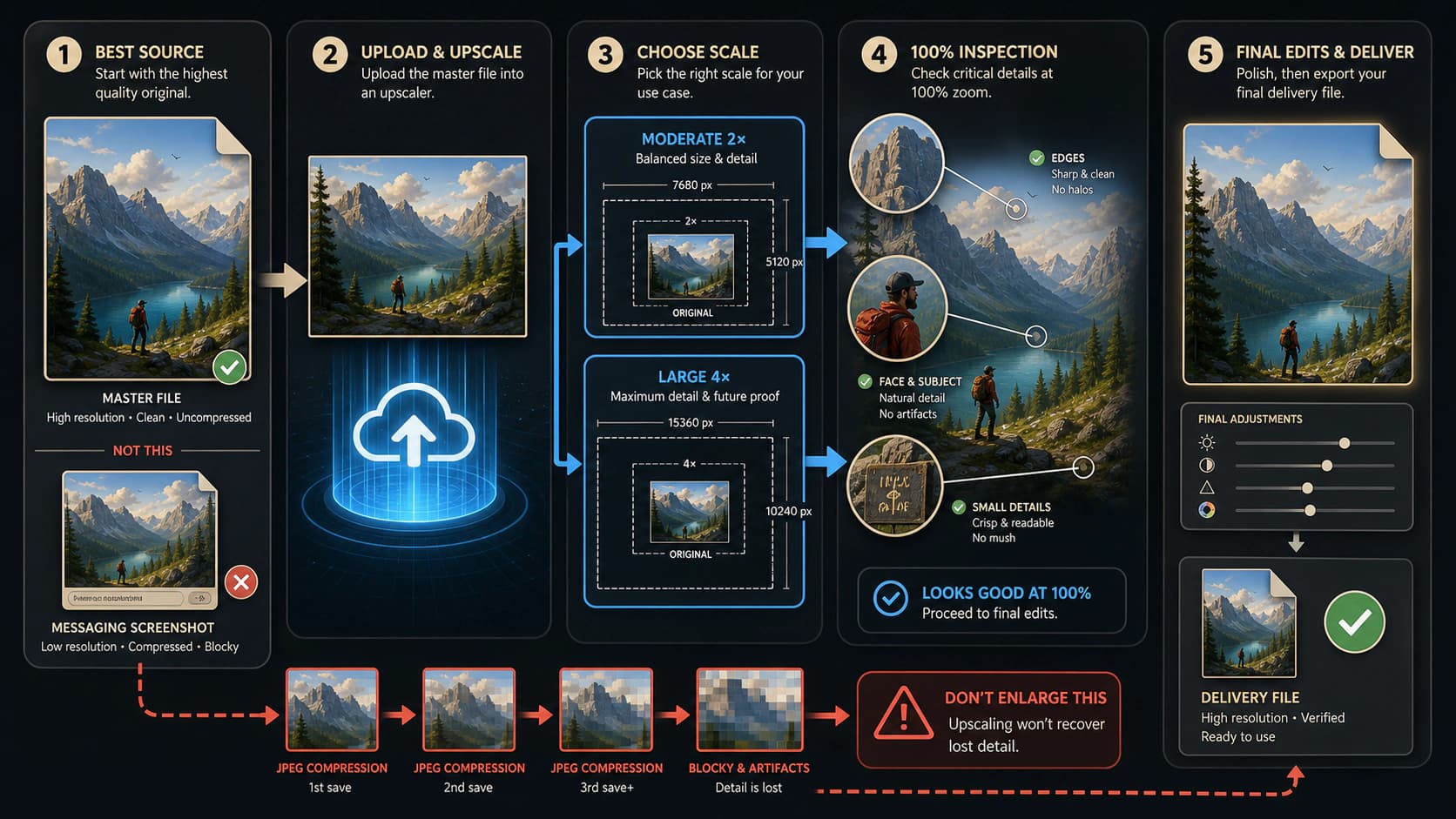 Five-step upscaling workflow from the best source through scale selection and full-size inspection to the final delivery file
