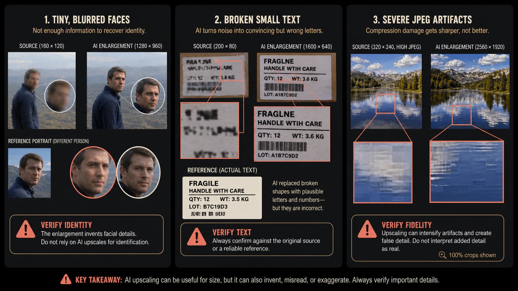 Upscaling failure cases involving an invented face, incorrect reconstructed package text, and sharpened JPEG artifacts