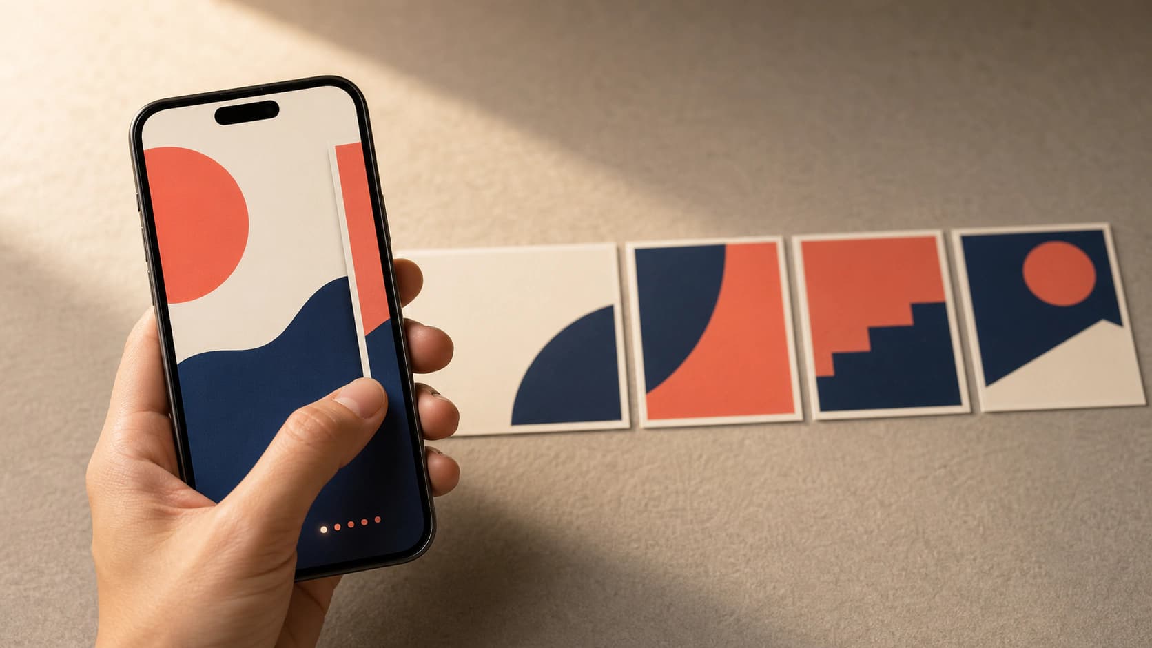 A phone held mid-swipe showing a multi-slide Instagram carousel, with the matching slide set laid out on the desk behind it