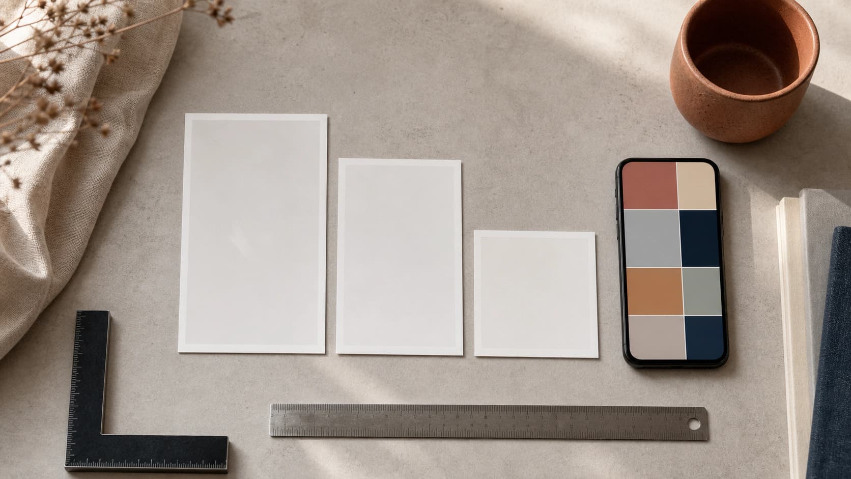 Portrait, square, and vertical story canvases laid out on a designer's desk beside a phone showing a profile grid