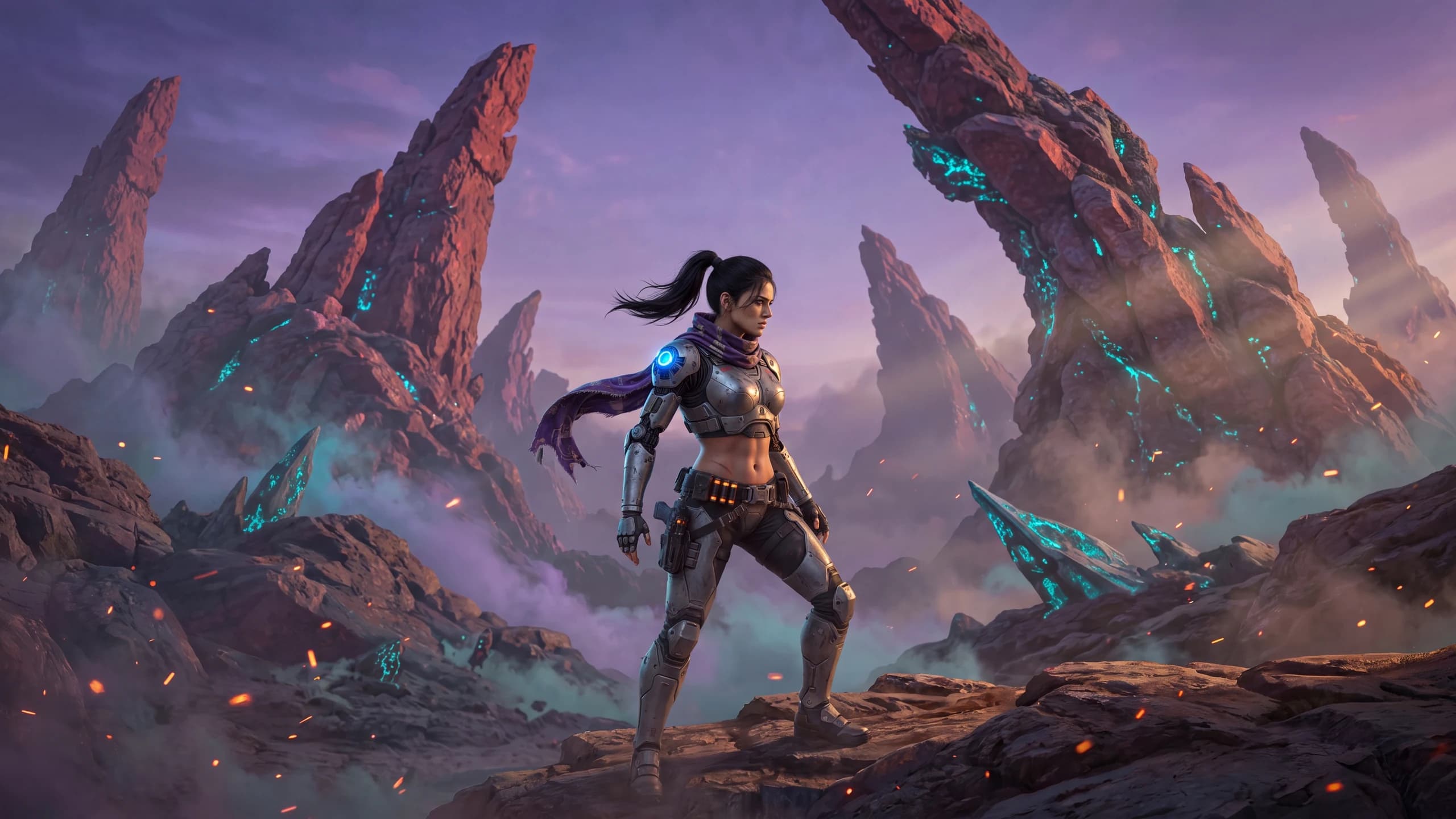 Nyra standing among alien rock spires in a wide key art composition