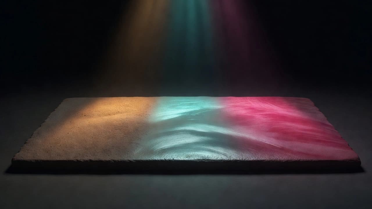 A wide slab of raw clay under three colored light beams, amber, cyan, and magenta, each beam rendering a different surface finish on the same material