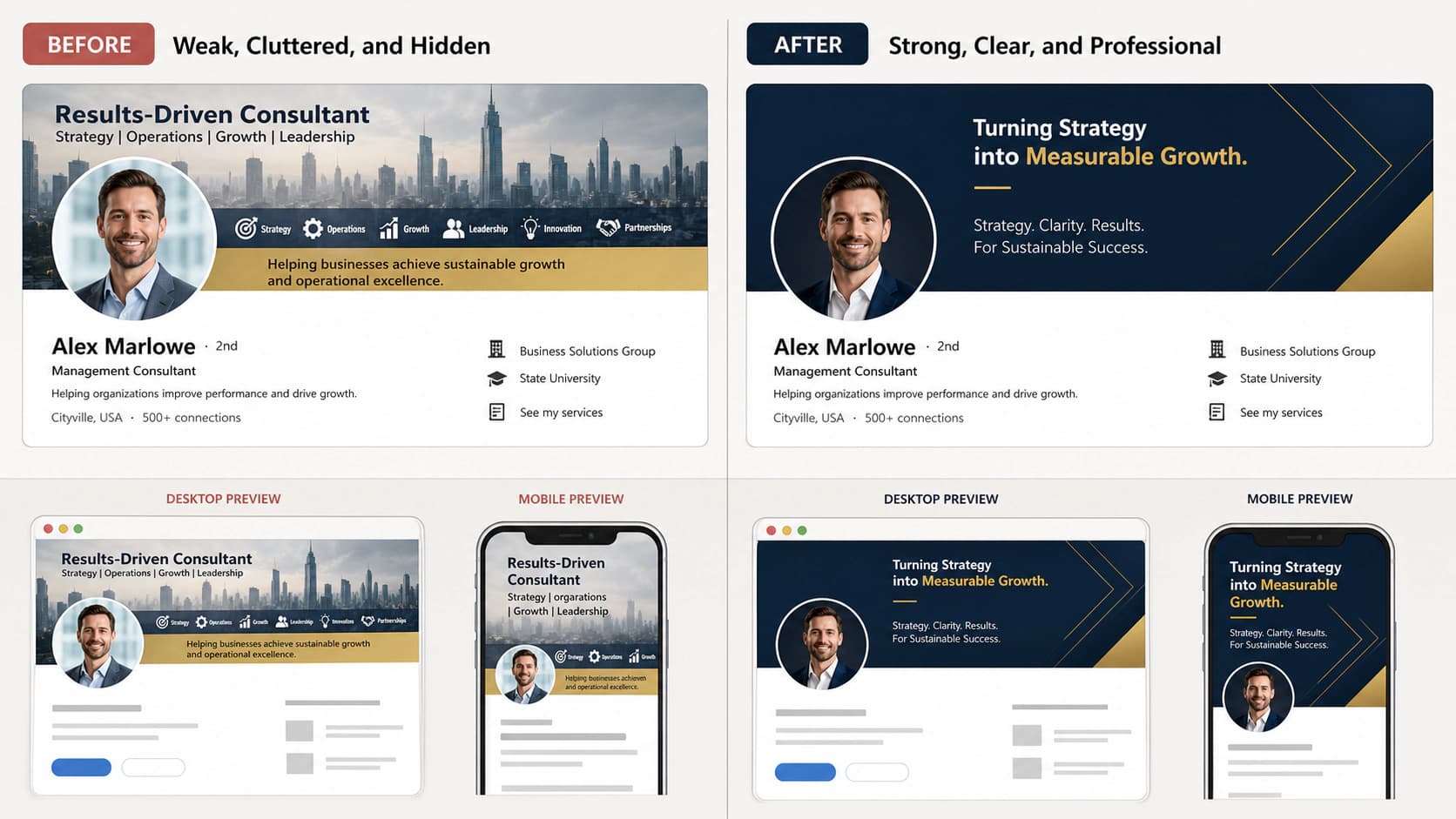 Cluttered professional banner compared with a clean coordinated profile and mobile preview