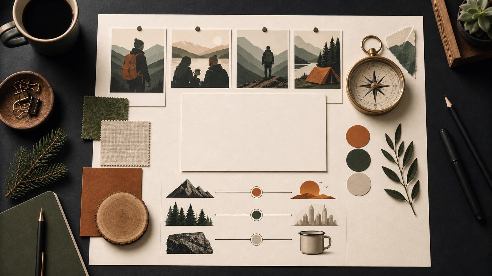 Brand strategy moodboard with audience references, material swatches, personality axes, and a compass motif