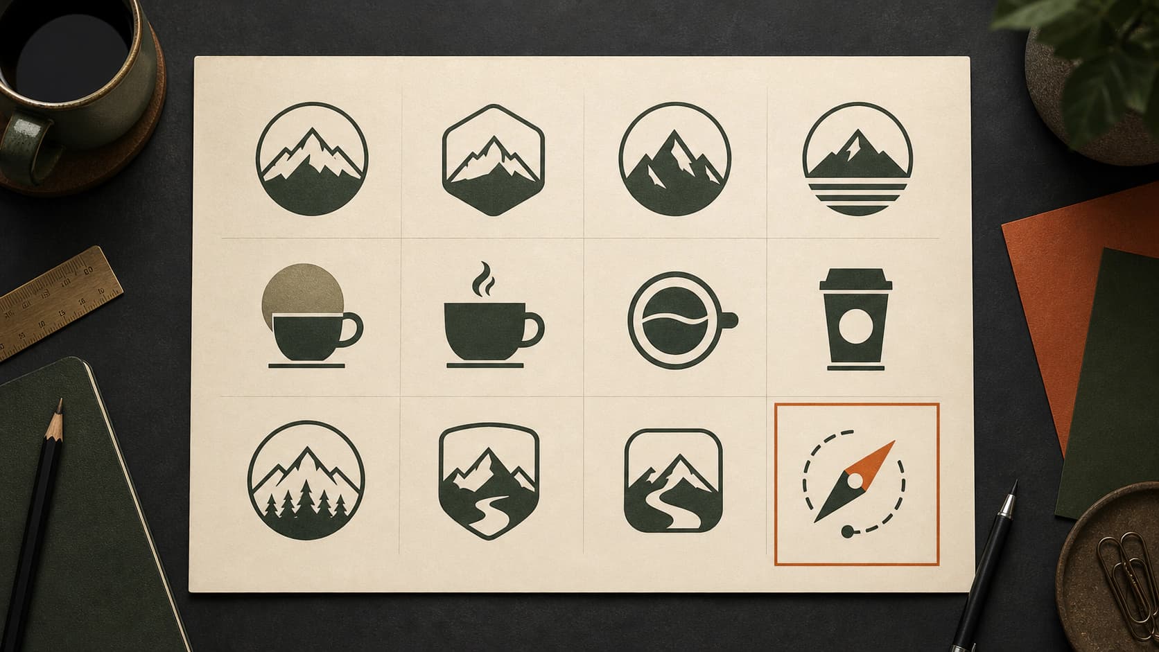Competitor logo audit showing repeated mountain and coffee motifs beside a distinctive compass direction