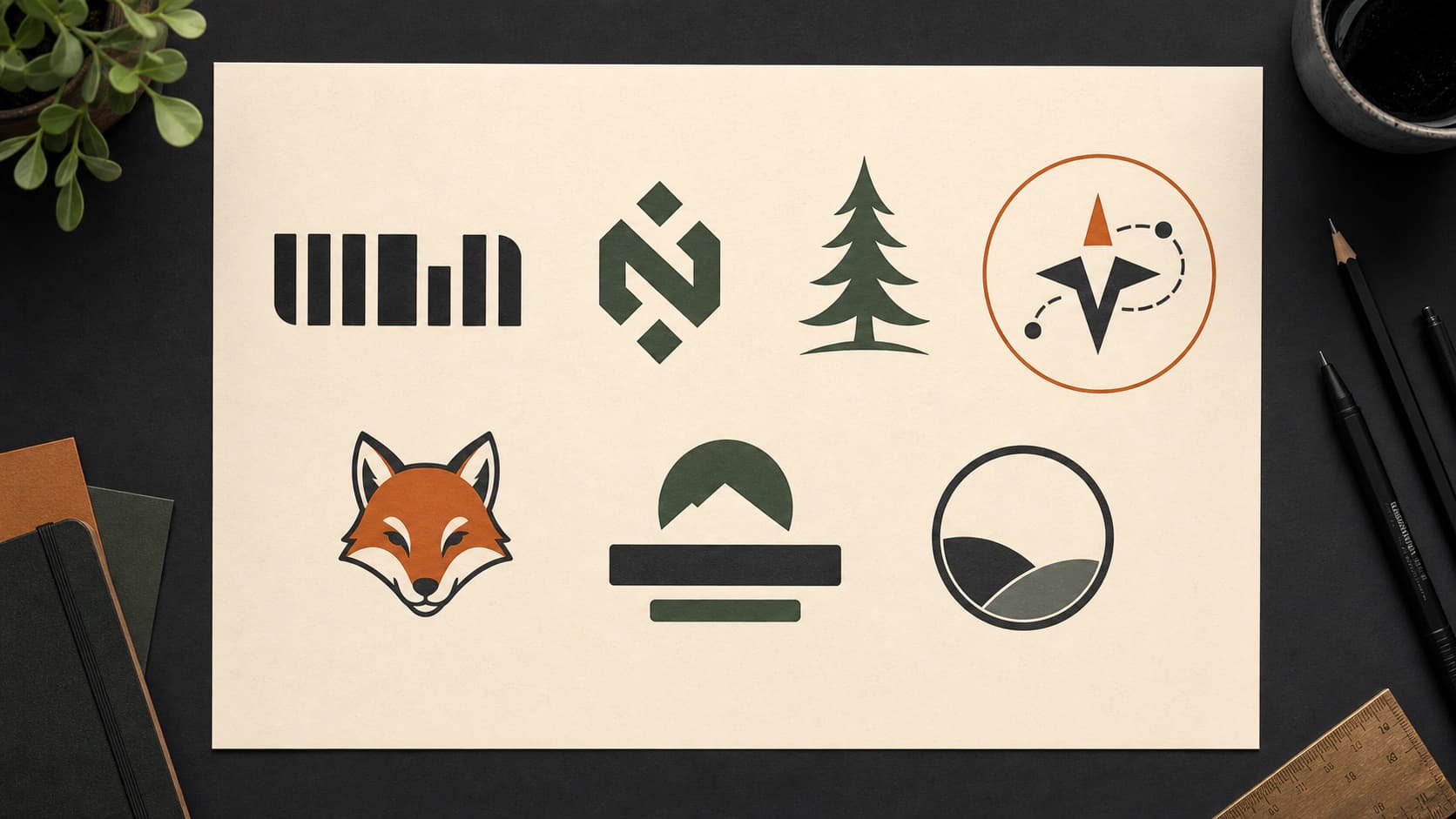 Seven fictional logo constructions including typographic, pictorial, abstract, mascot, combination, and emblem forms
