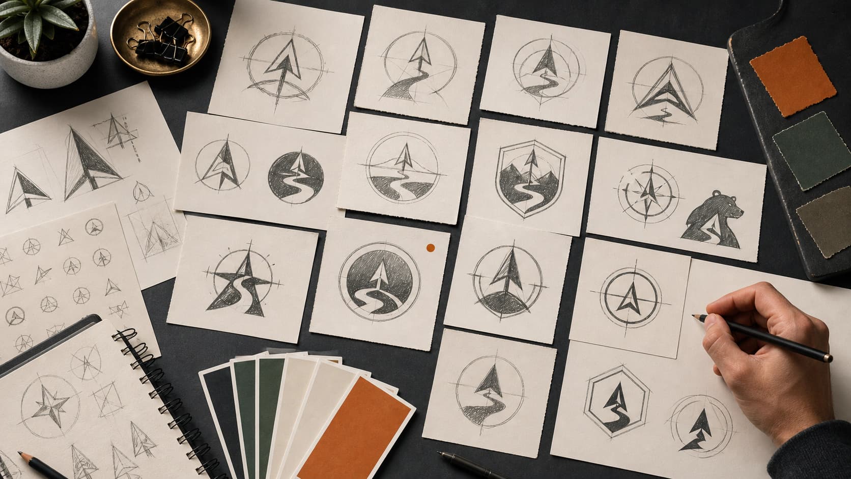 Desk covered with varied rough sketches exploring a compass and winding-path logo concept