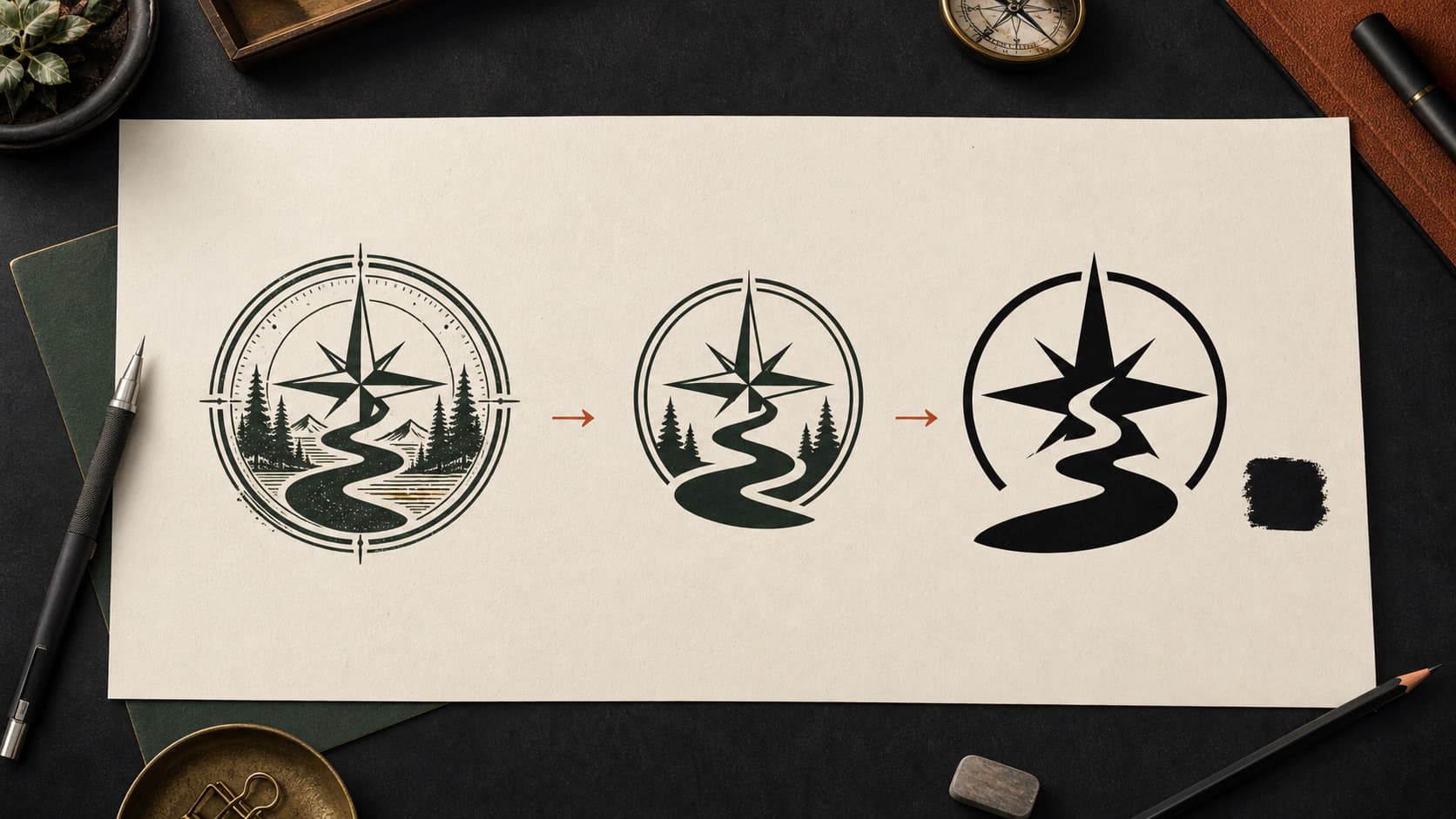 Logo refinement sequence moving from a detailed landscape badge to a simple single-color compass and path symbol