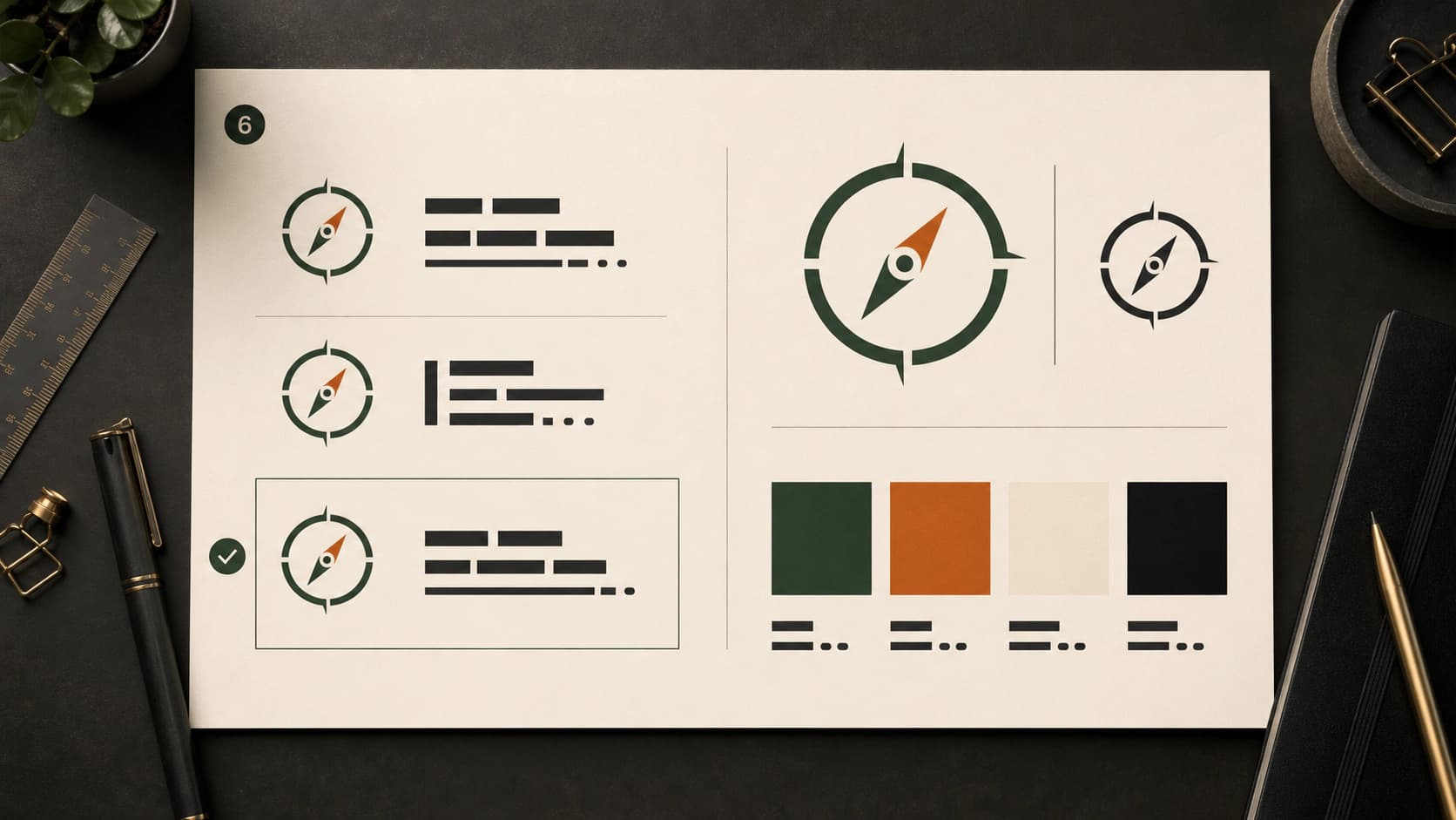 Identity sheet comparing typography options, restrained color swatches, and color and monochrome logo versions