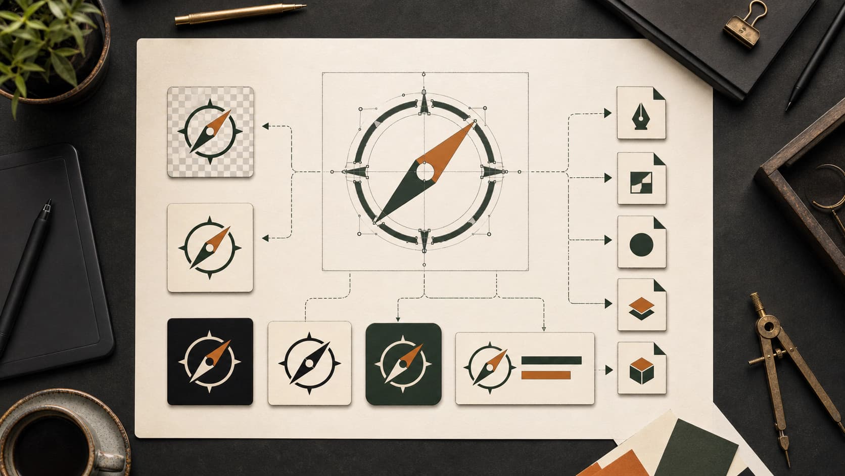 Vector logo master with anchor points branching into transparent, light, dark, monochrome, icon, and horizontal exports