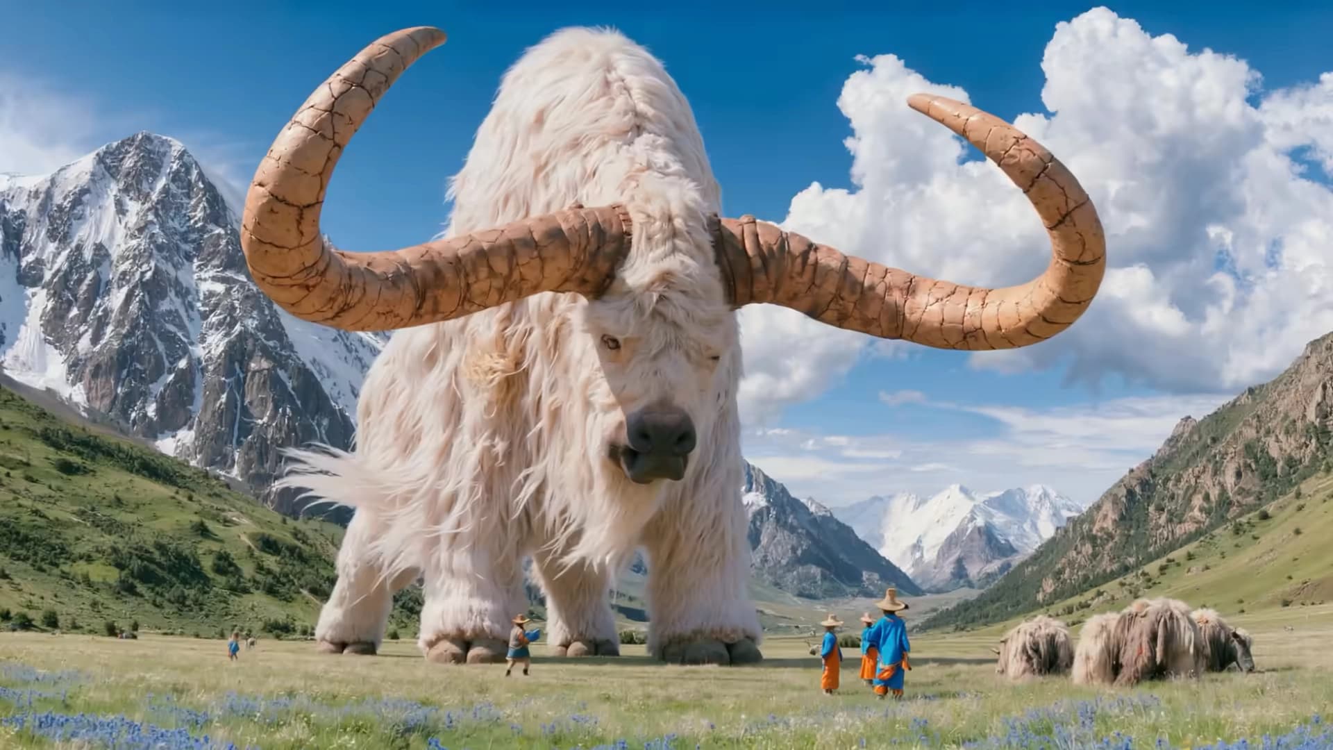 LTX-2.5 capability frame showing a giant long-haired yak with detailed fur and horns in a mountain valley