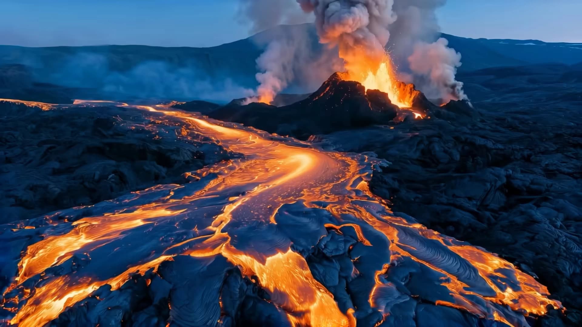 LTX-2.5 capability frame showing glowing lava flows from an erupting volcano at dusk