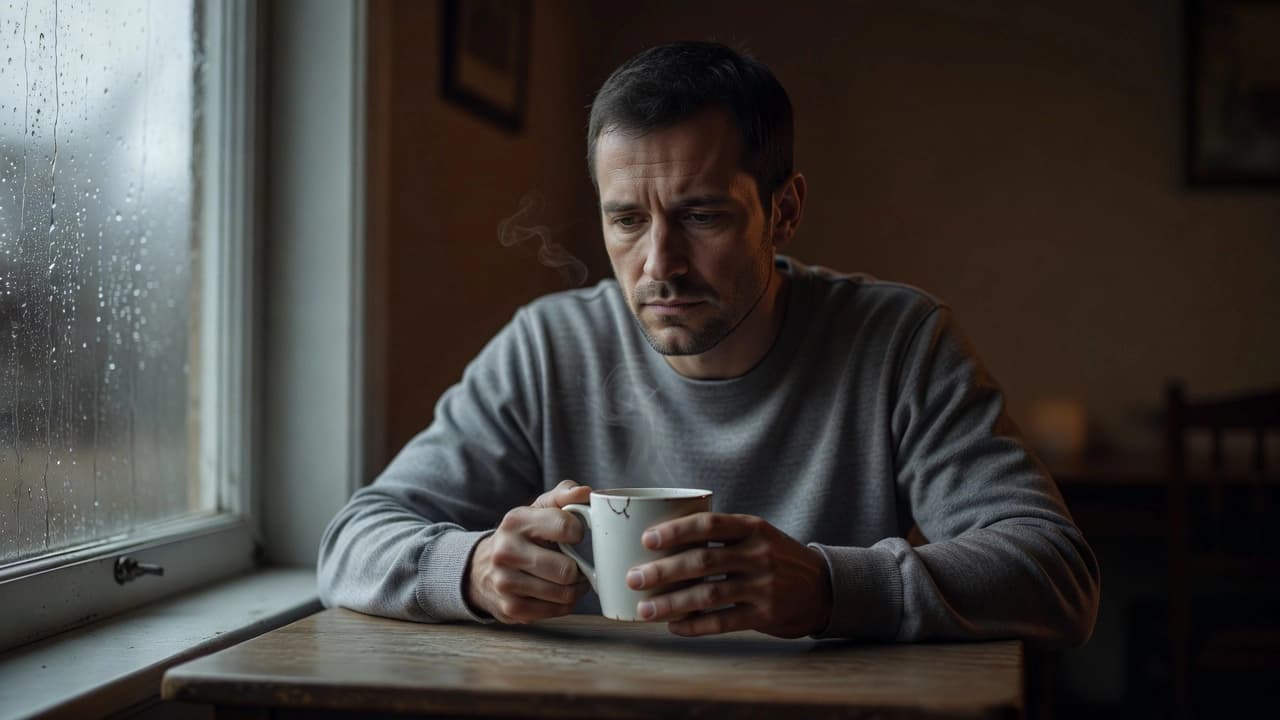 A man in his mid-thirties in a grey sweater sits at a wooden table beside a rain-streaked window, looking down into a steaming white mug held in both hands