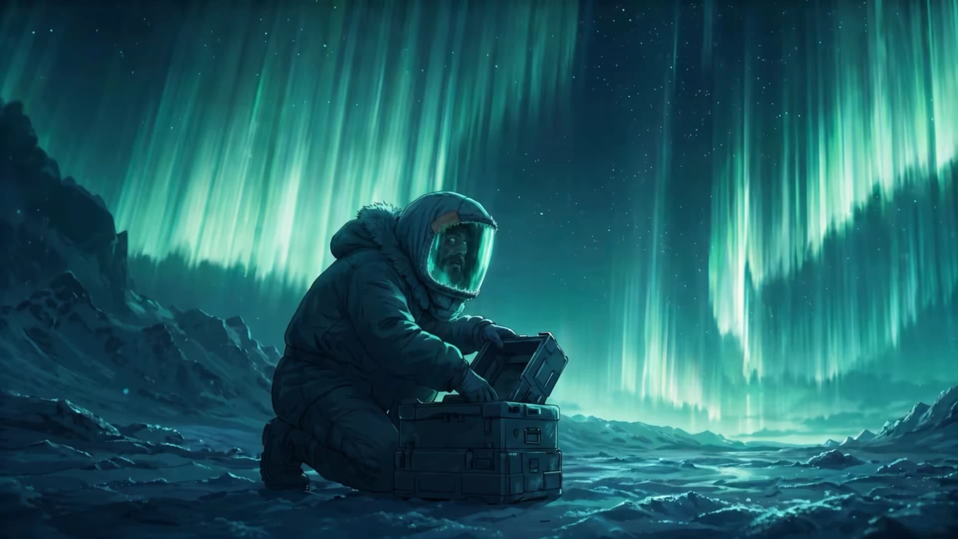 Frame from LTX's official LTX-2.5 multishot capability reel: a parka-clad figure kneeling over an equipment case beneath a green aurora.