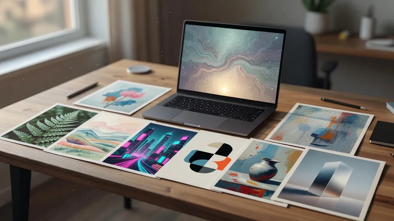 A wooden desk with an open laptop showing generative abstract art, surrounded by printed cards in varied styles: a fern illustration, a watercolor landscape, a neon cyberpunk city, a bold geometric logo, and an oil-painted still life.
