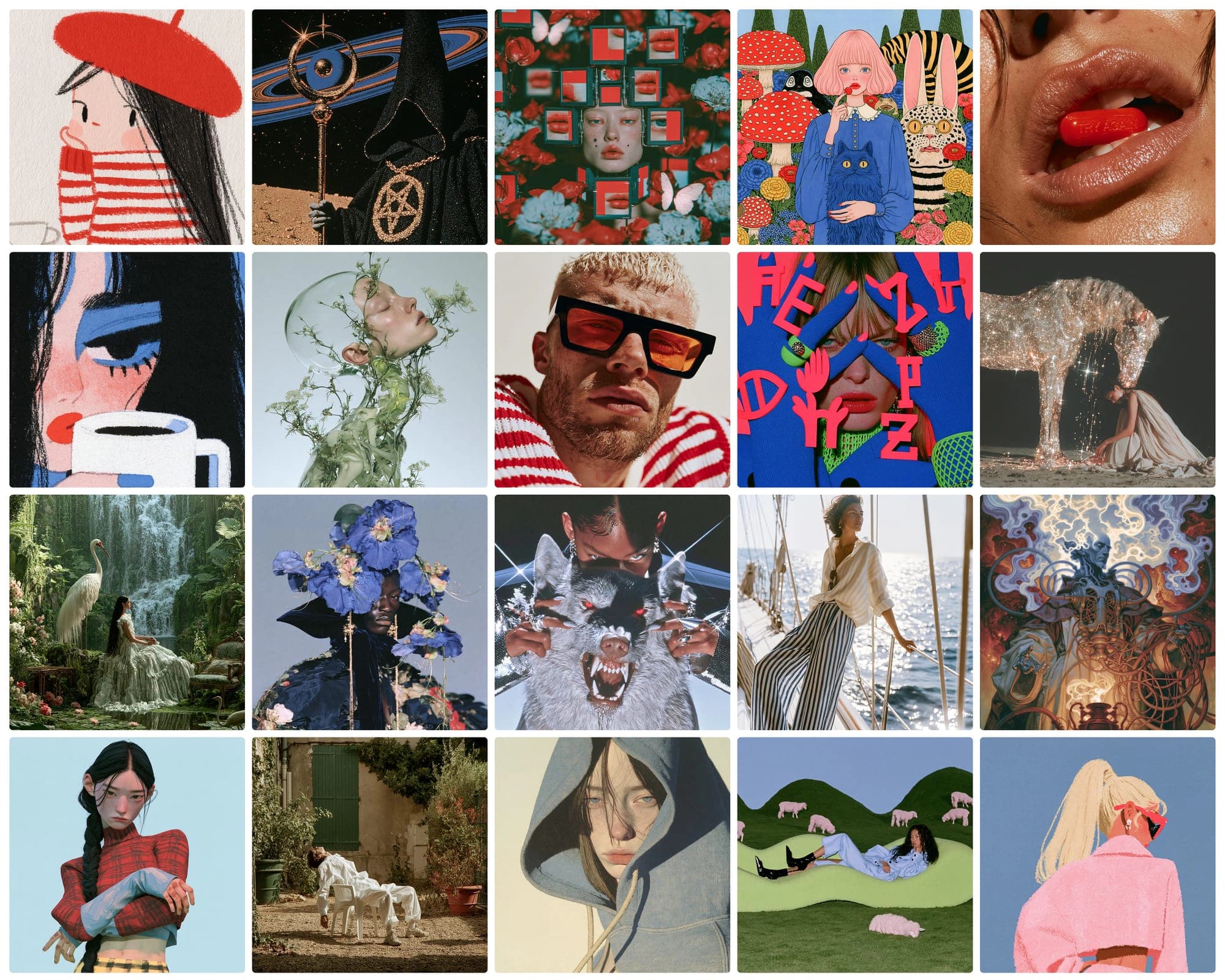 Midjourney's official V8.2 launch grid mixing illustration, portraits, fashion, and fantasy images.
