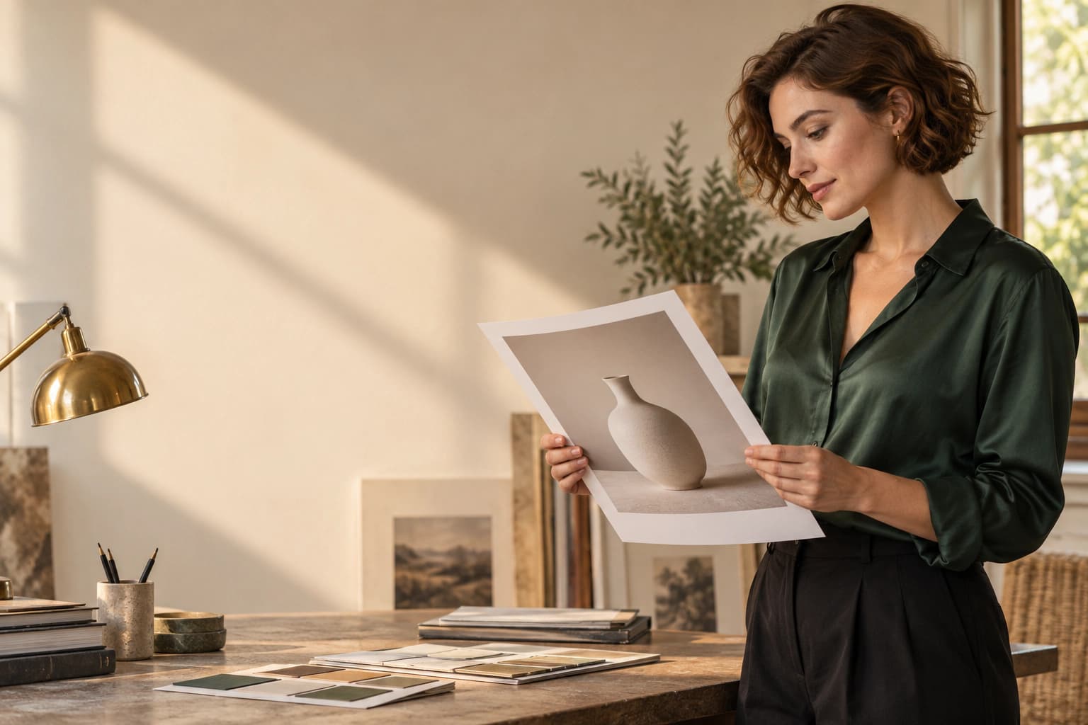 An adult woman in a green blouse reviewing a ceramic product photograph in a sunlit design studio.