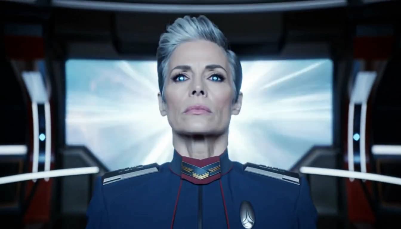 Frame from MiniMax's official H3 text-to-video sample: a starship captain on the bridge as the fleet's hyperdrive flash floods the observation window behind her.