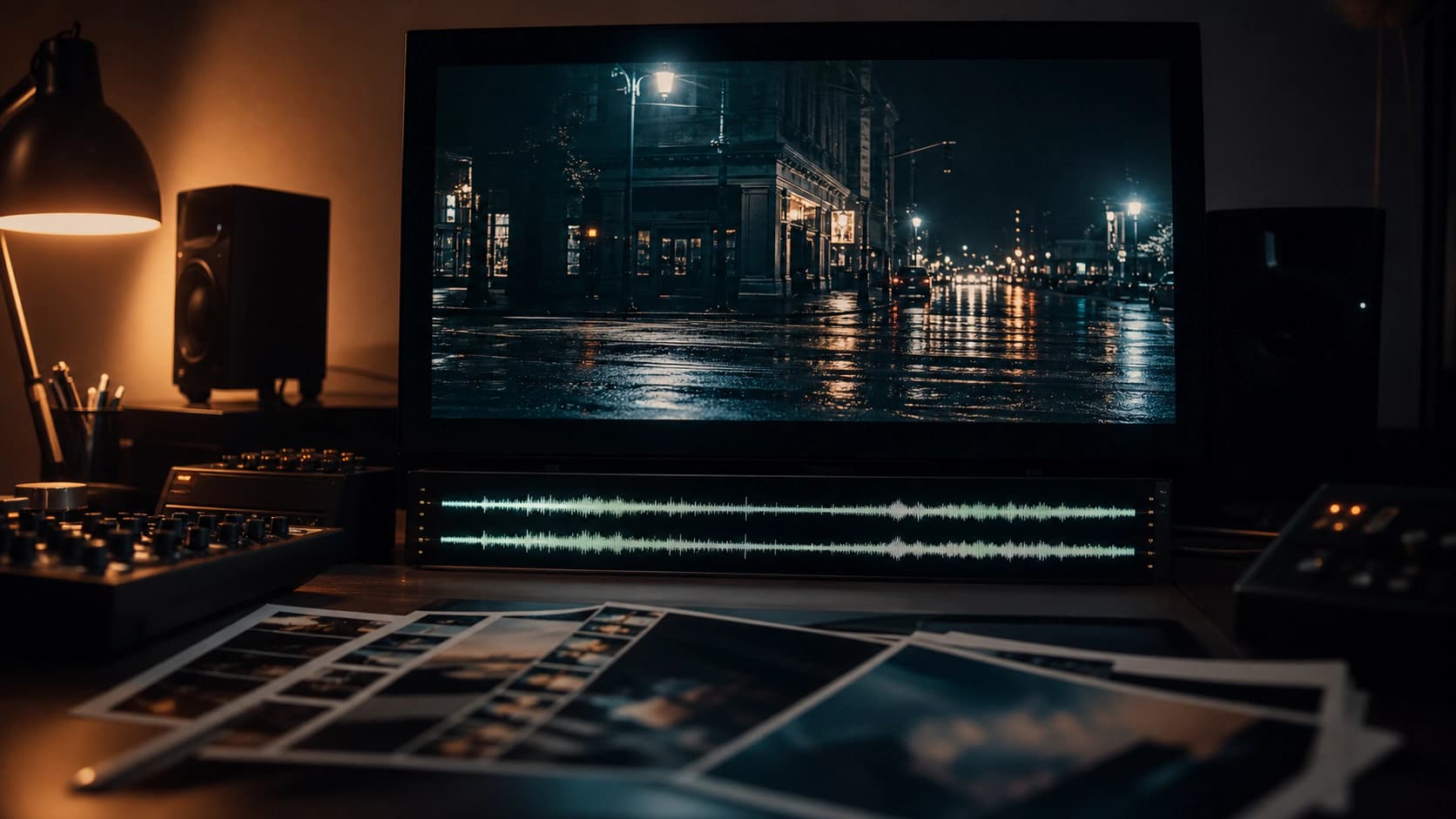 A darkened edit bay at night with a reference monitor showing a single rain-slicked night street frame, twin stereo audio waveforms glowing on a meter below it, and printed reference photographs fanned across the desk in the foreground.