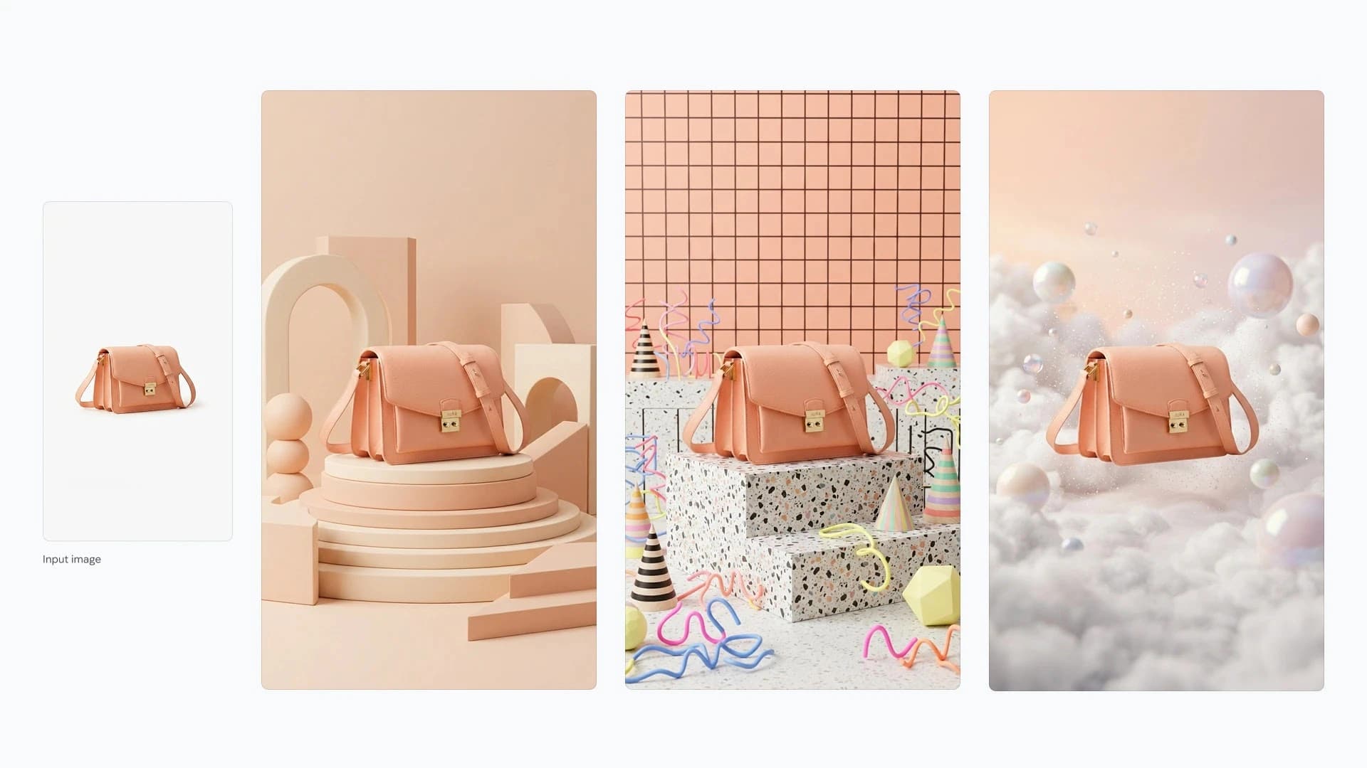 Google's Nano Banana 2.1 consistency board showing a peach crossbody bag reference and three scenes generated from it
