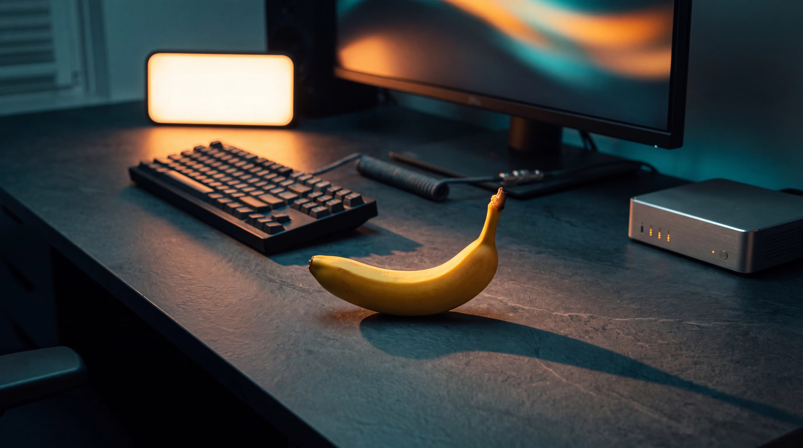 A single ripe banana lit like a hero product on a dark slate developer desk, with a mechanical keyboard, a softbox, and a small server box with amber indicator lights
