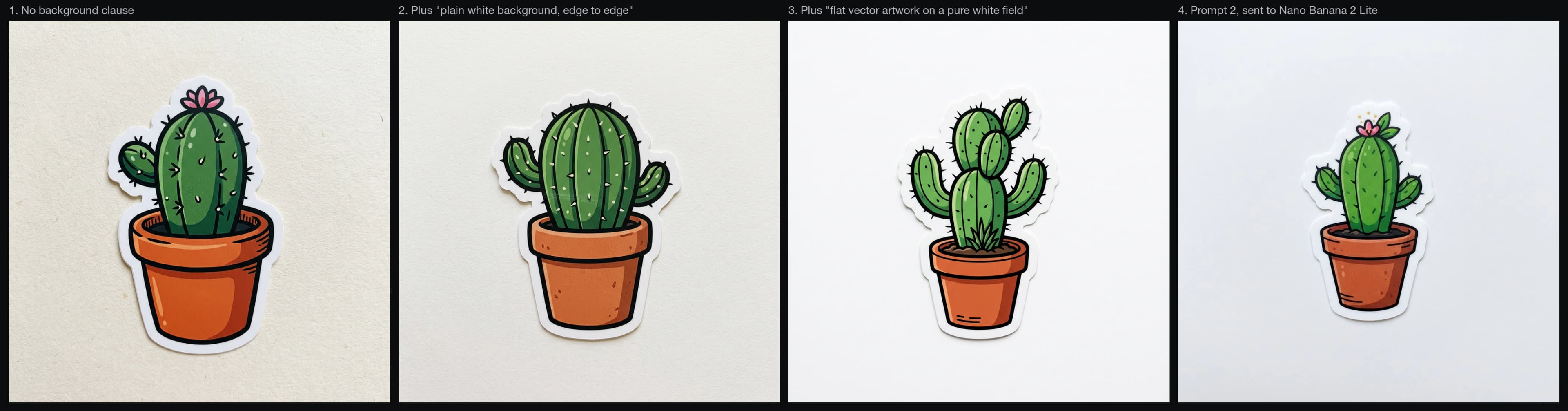 Four die-cut cactus sticker renders side by side, the invented background moving from cream paper toward near-white as the background clause is added, with a cast shadow surviving in all four