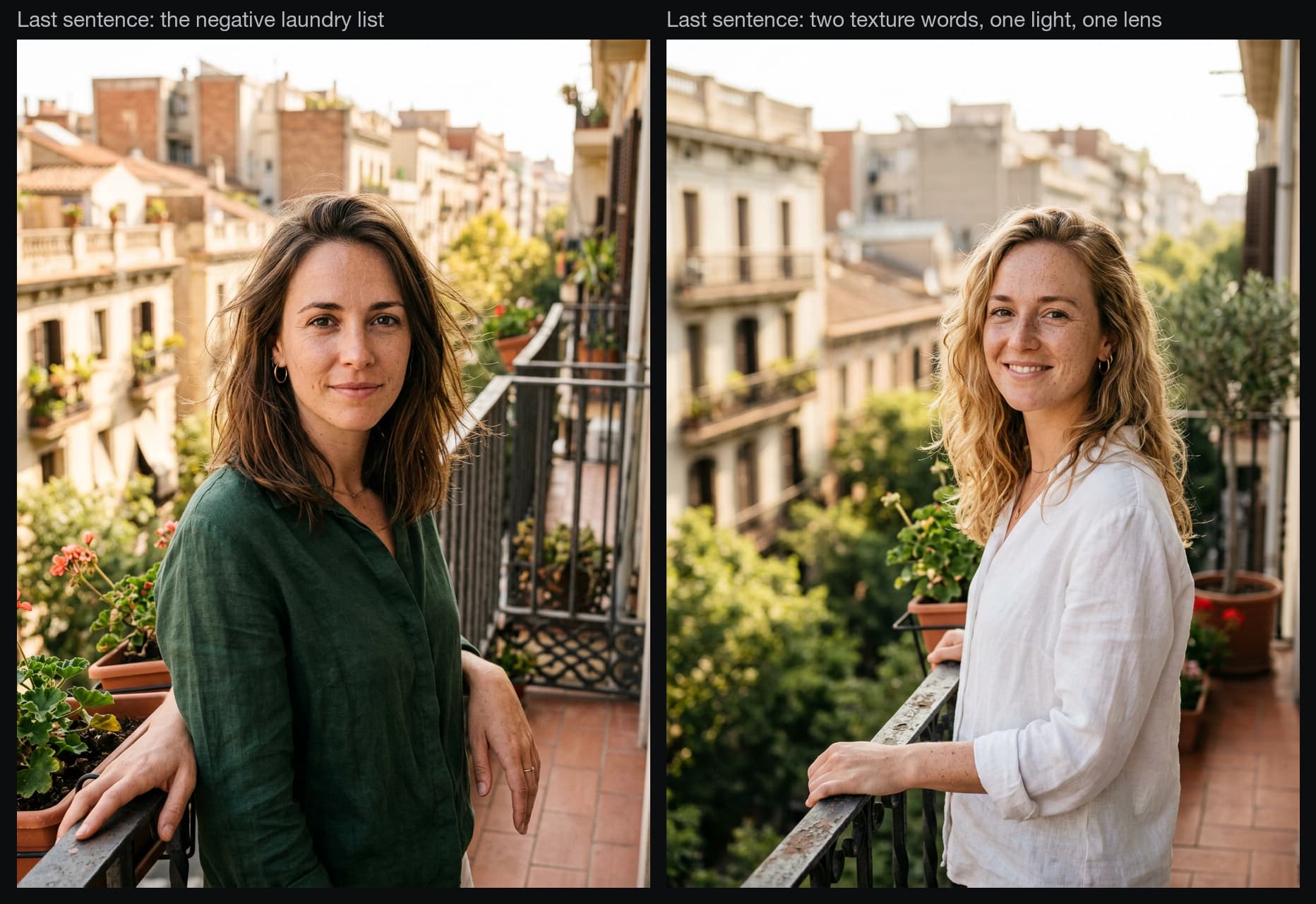 Two balcony portraits side by side, one prompted with an anti-AI negative list and one prompted with texture, lighting and lens direction, both showing freckles and natural skin texture