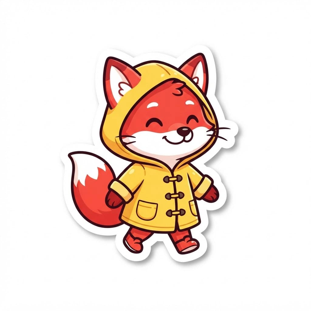 Die-cut sticker of a smiling red fox in a yellow raincoat, bold black outlines and cel-shaded flat color on a plain white background