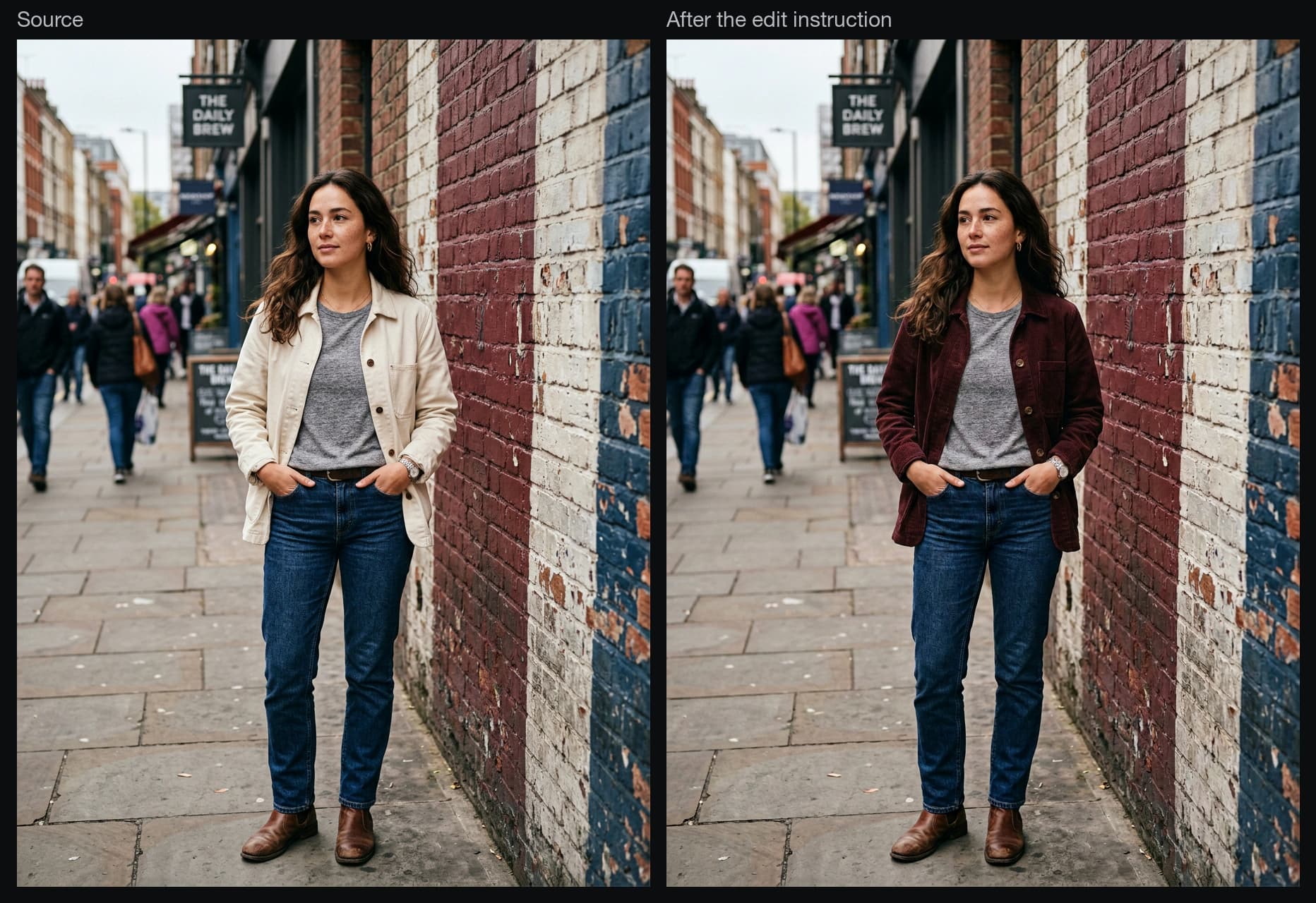 Side by side: a street portrait of a woman in a cream canvas jacket, and the same photograph after Nano Banana was asked to change only the jacket to burgundy corduroy