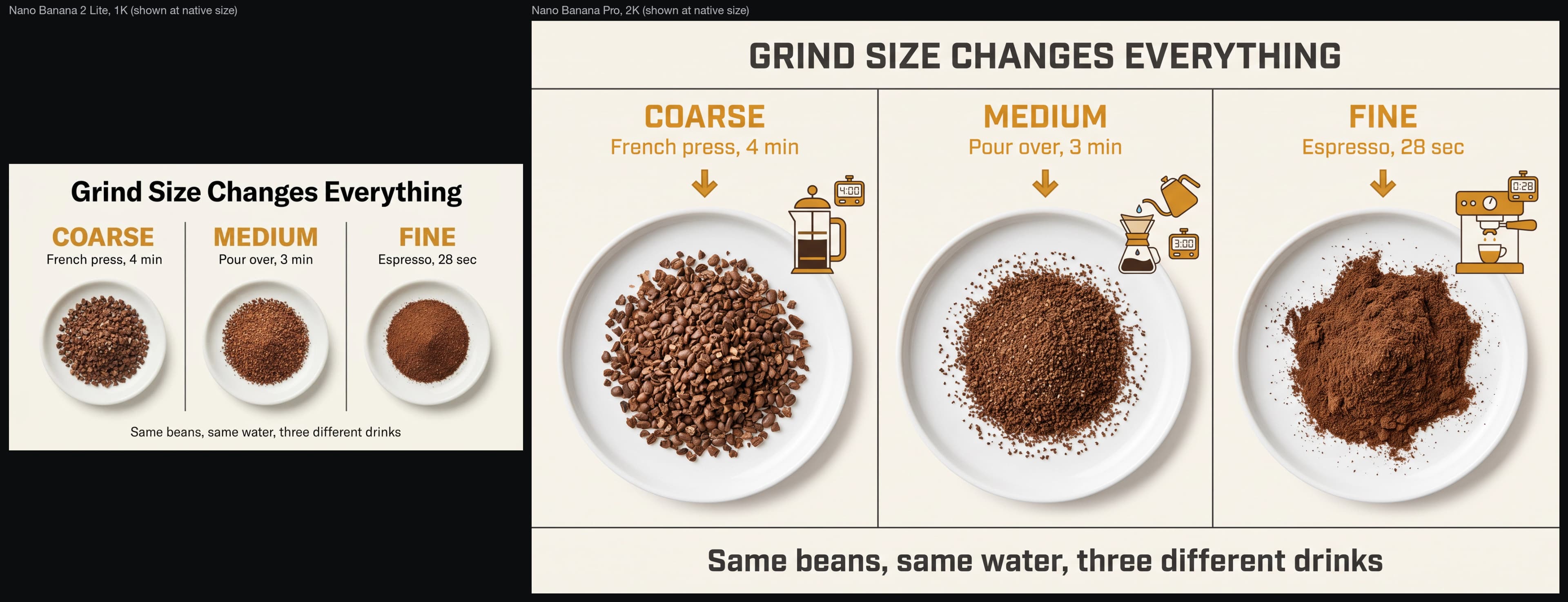 The same coffee grind comparison chart rendered by Nano Banana 2 Lite at 1K and by Nano Banana Pro at 2K, shown at their native sizes so the resolution difference is visible