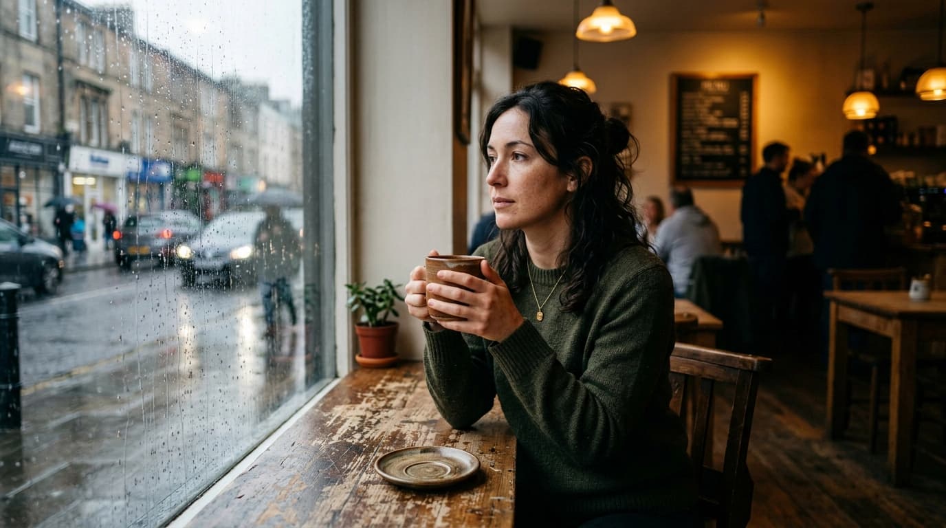 Editorial photograph of a woman at a cafe table by a rain-streaked window holding a ceramic mug, soft overcast daylight, visible freckles and natural skin texture