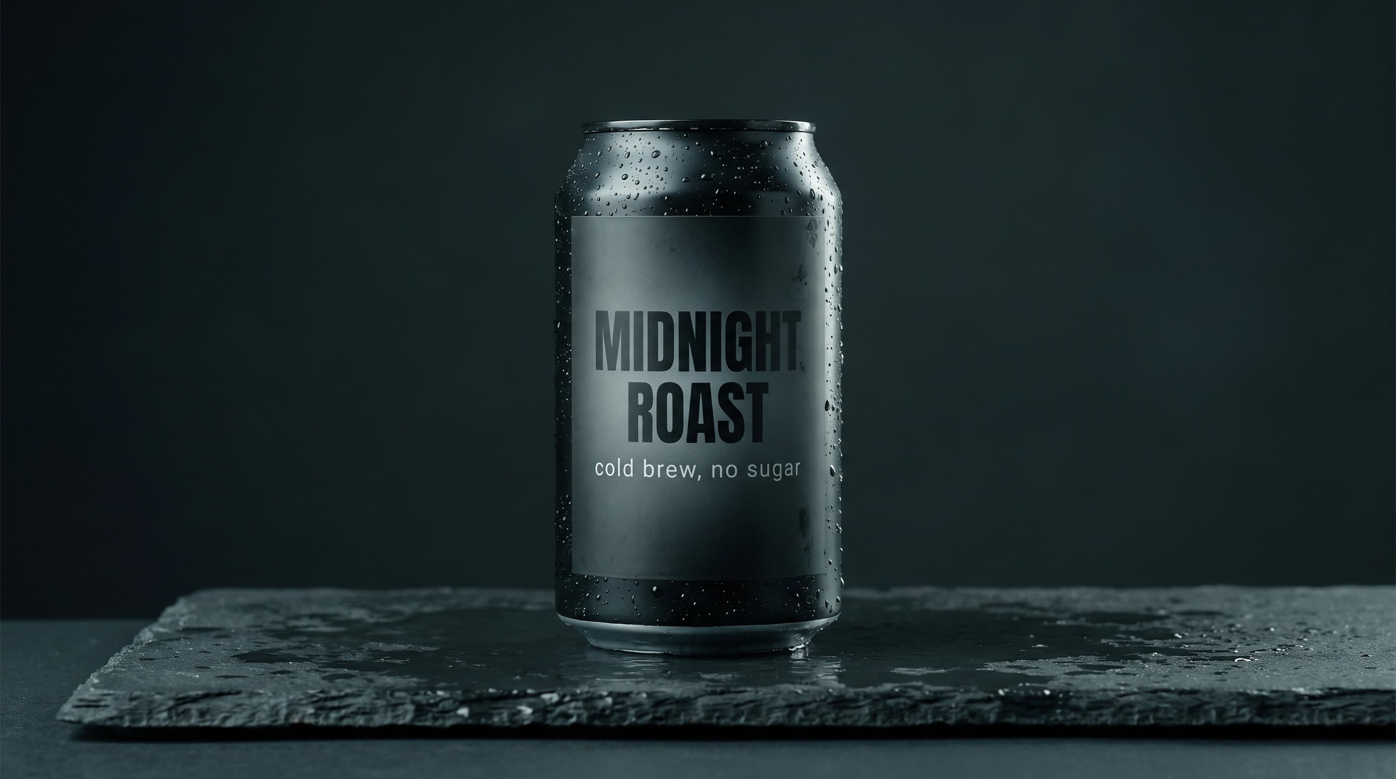 Matte black cold brew coffee can on wet slate under studio lighting, with the label text MIDNIGHT ROAST rendered legibly