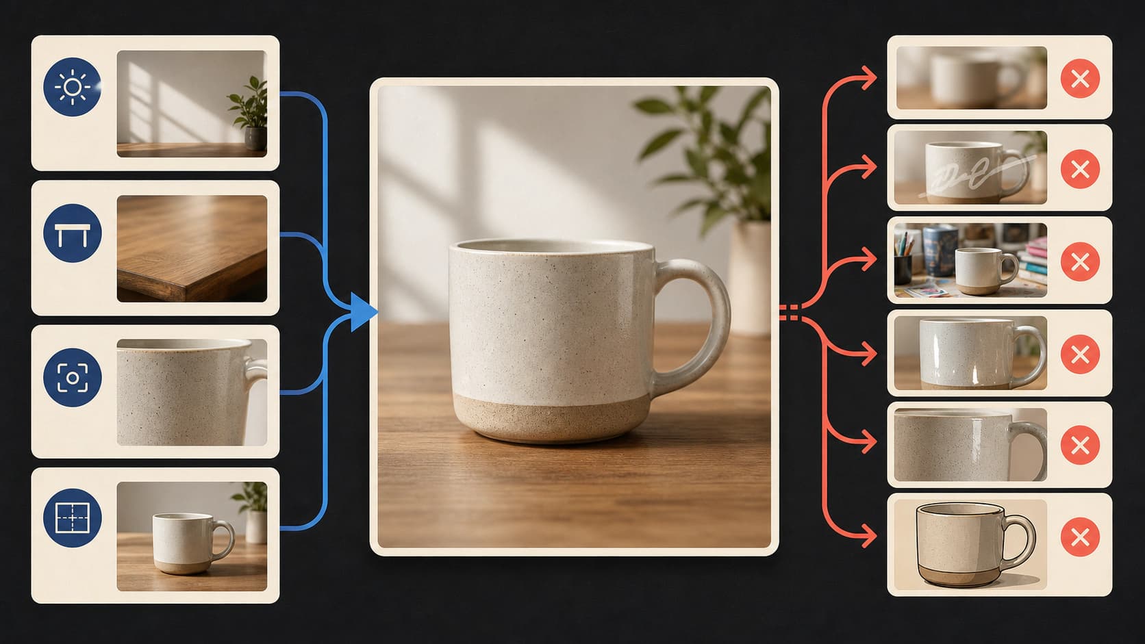 Clean ceramic mug image pulled toward desired lighting and composition while blur, clutter, glare, cropping, and cartoon styling are rejected