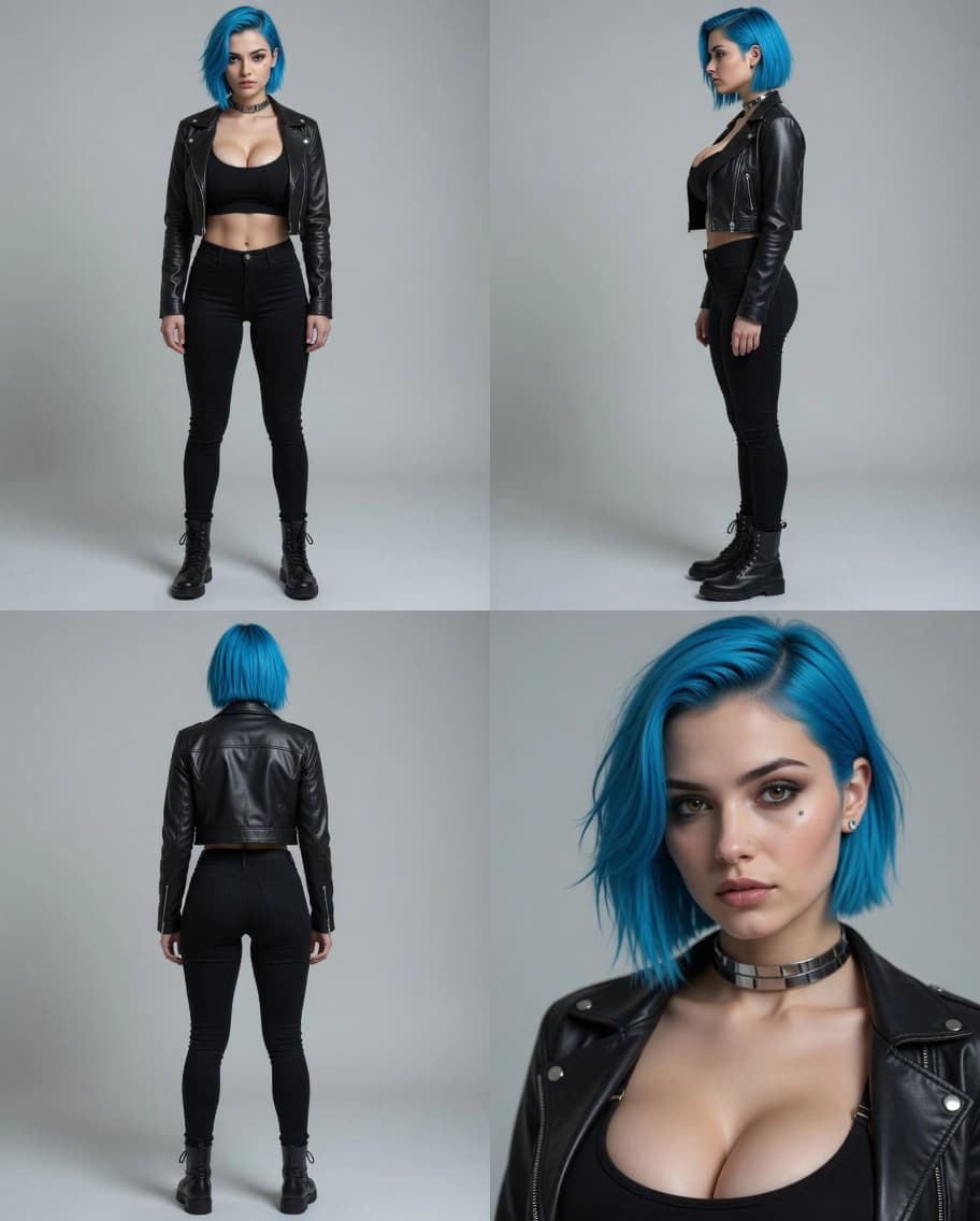 Nova Kade character sheet: front, side, back, and close-up portrait on a studio background