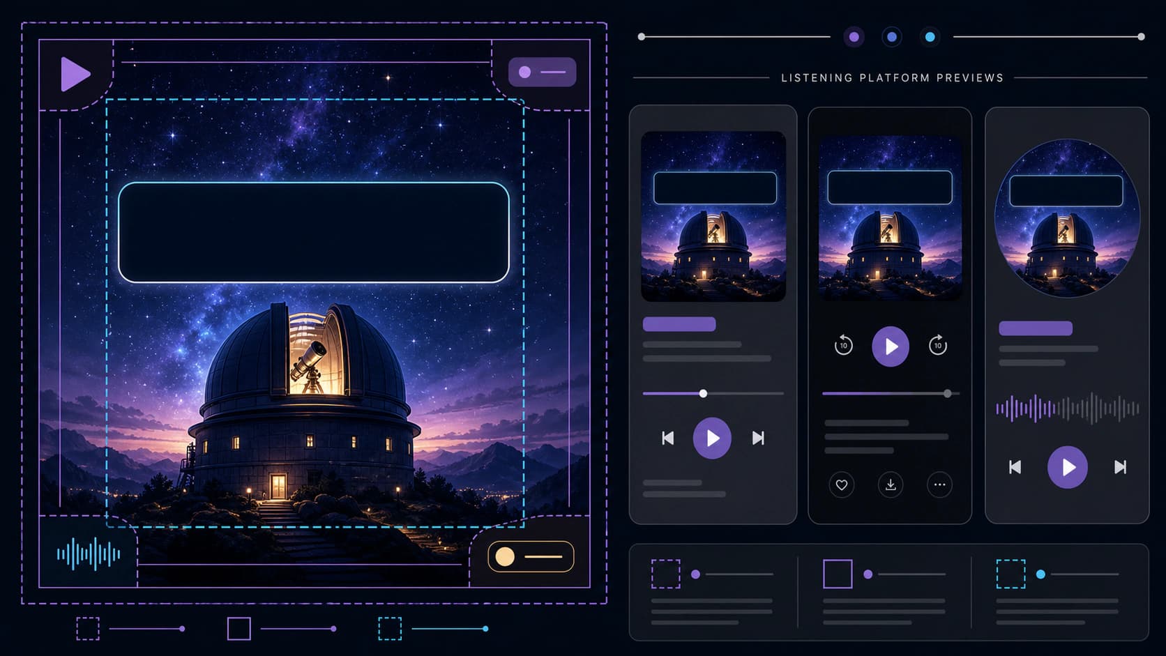 Podcast cover specification showing a square design safe area and listening app previews