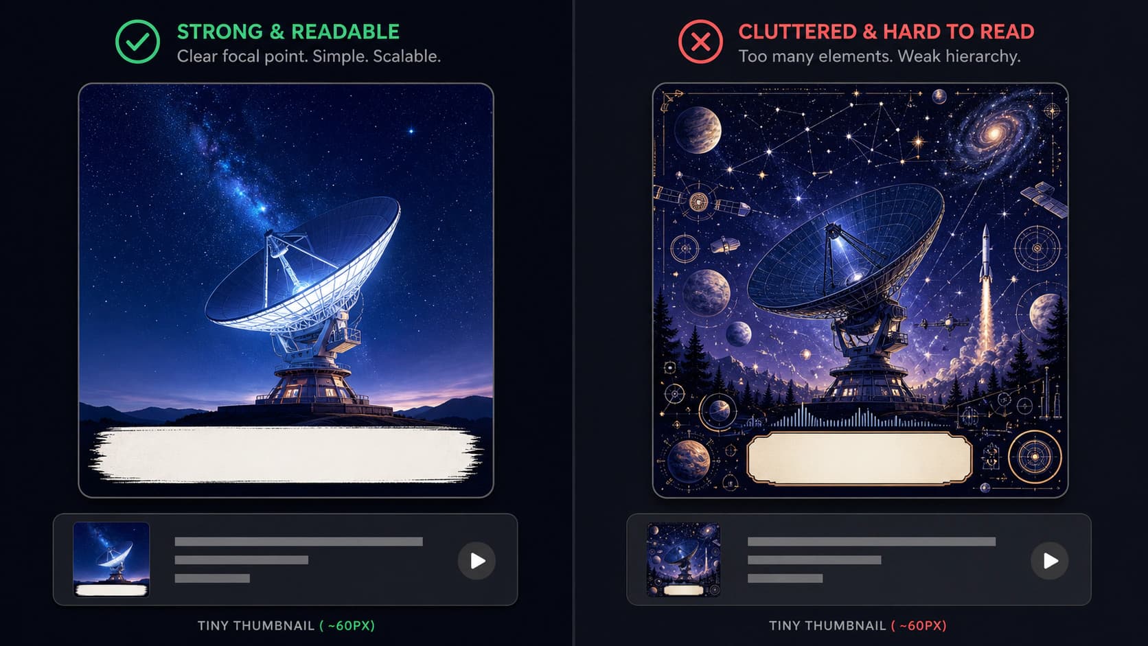 Simple readable podcast cover compared with an overcrowded cover at full and thumbnail sizes