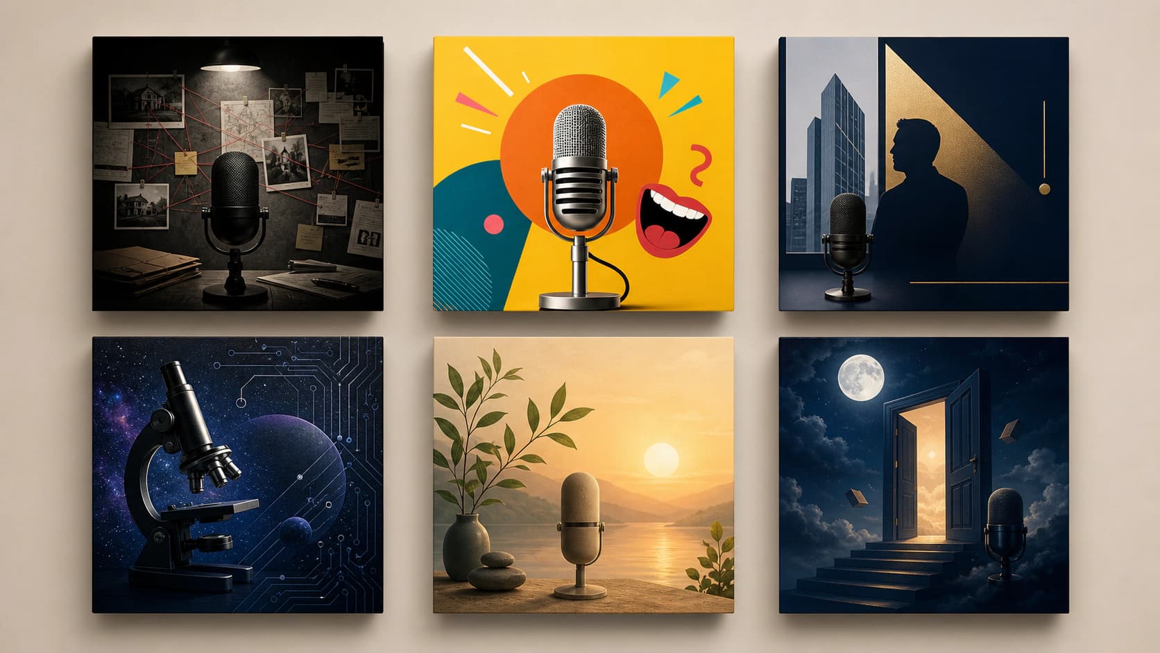 Six podcast cover concepts for true crime, comedy, business, science, wellness, and fiction