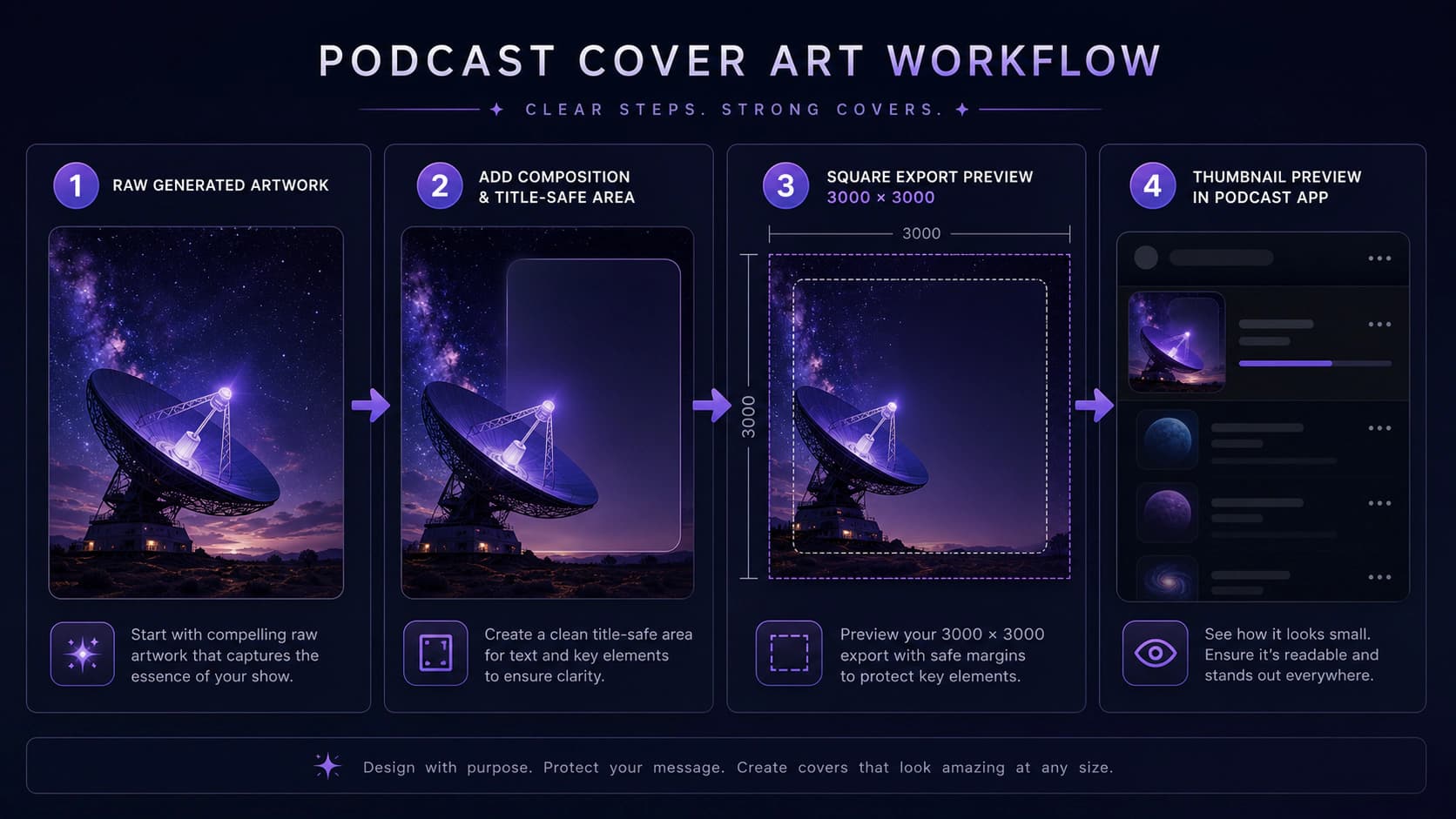 Four-step podcast cover workflow from generated artwork to a square export and thumbnail test