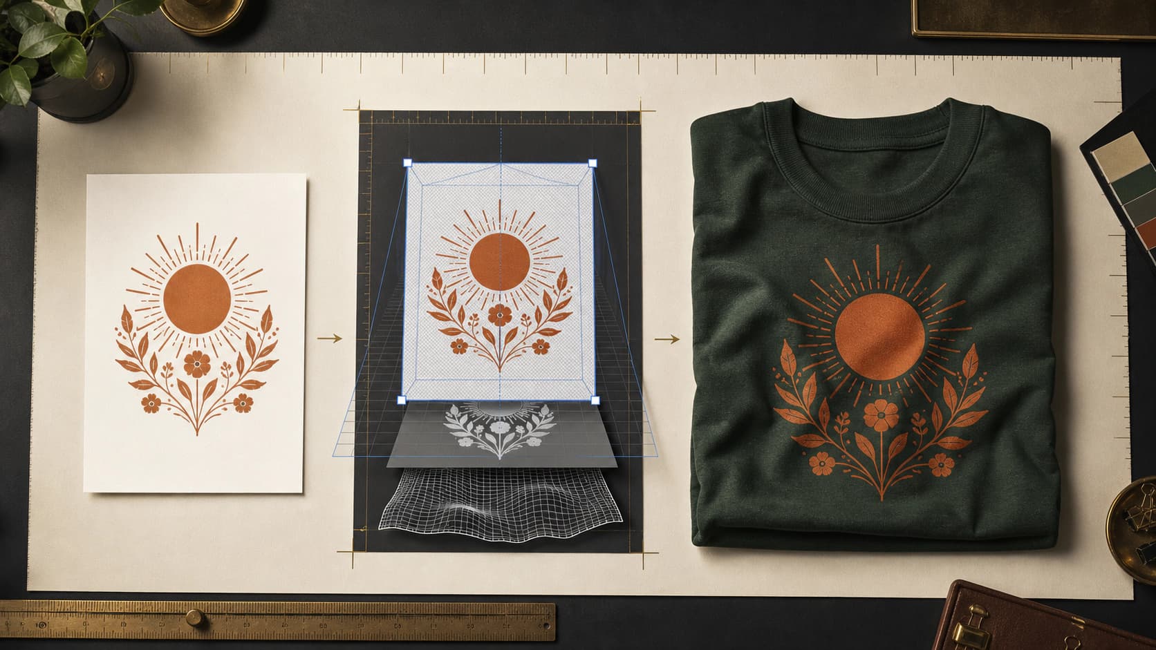 Product design moving through a layered smart-object and fabric-displacement workflow onto a precisely aligned T-shirt mockup